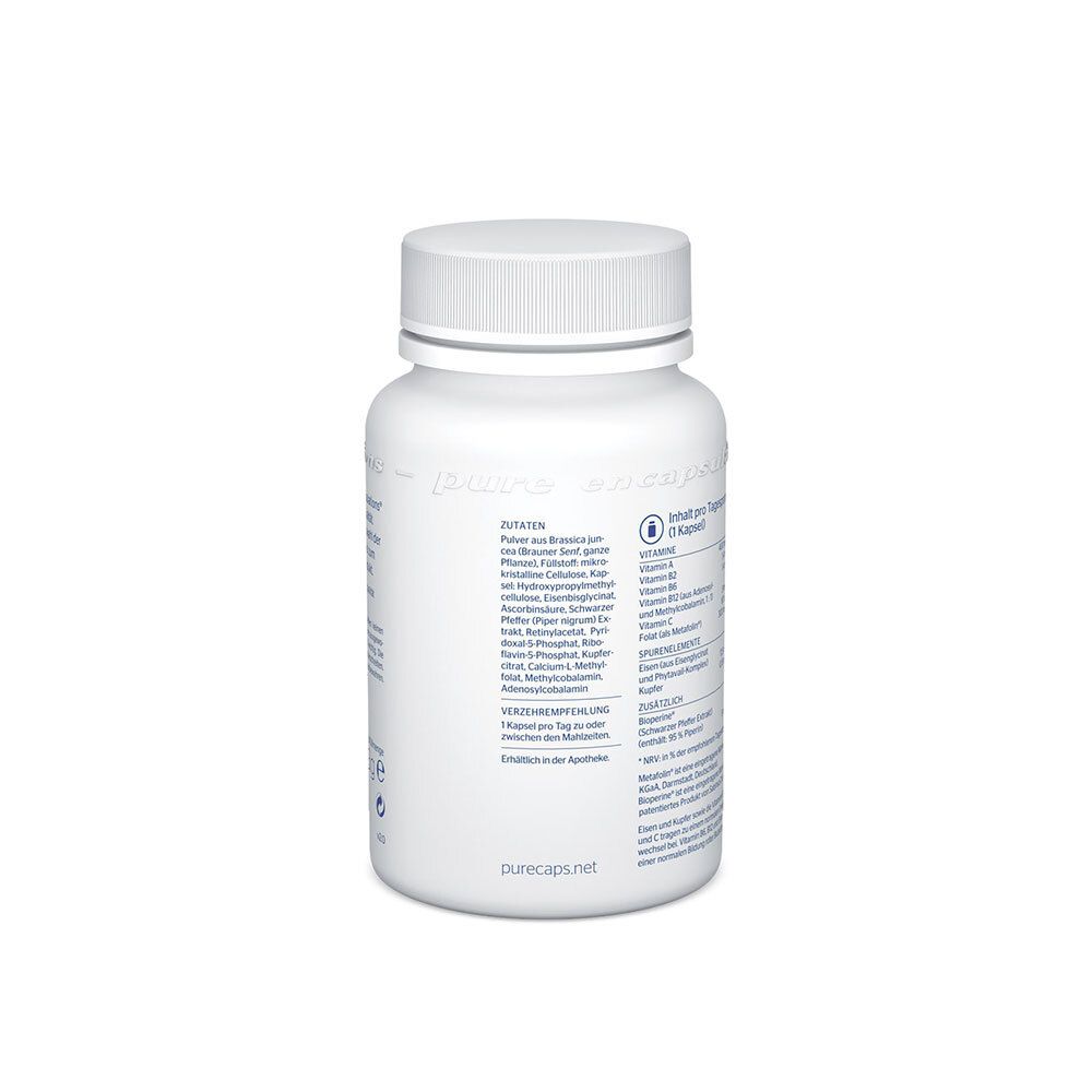 Rückansicht der weißen Flasche. Text mit Inhaltsstoffen und Nährwertangaben. Website-Adresse: purecaps.net.