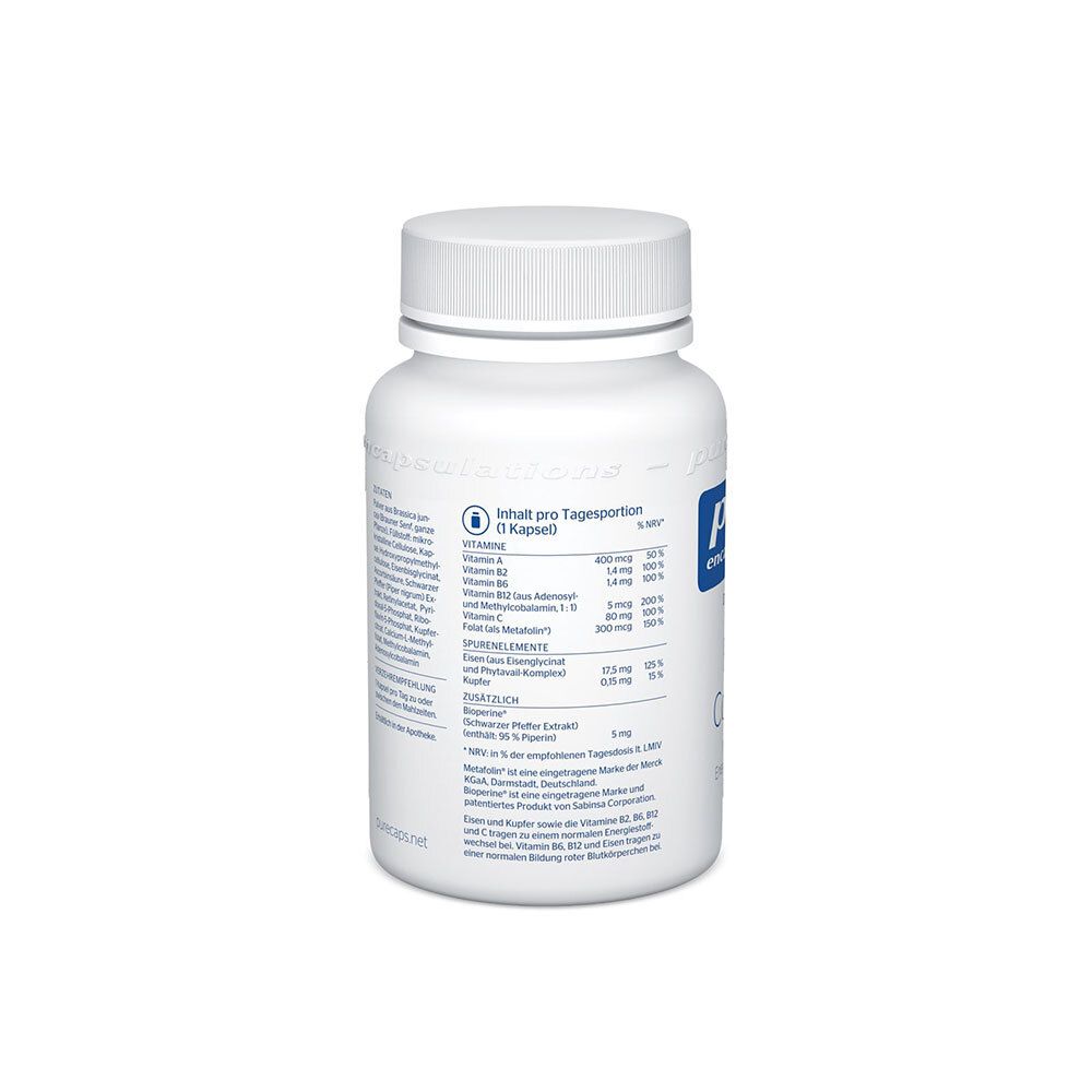 Rückansicht der weißen Flasche. Auflistung der Inhaltsstoffe pro Tagesportion. Enthält Vitamin A, B6, B12, Eisen, etc.