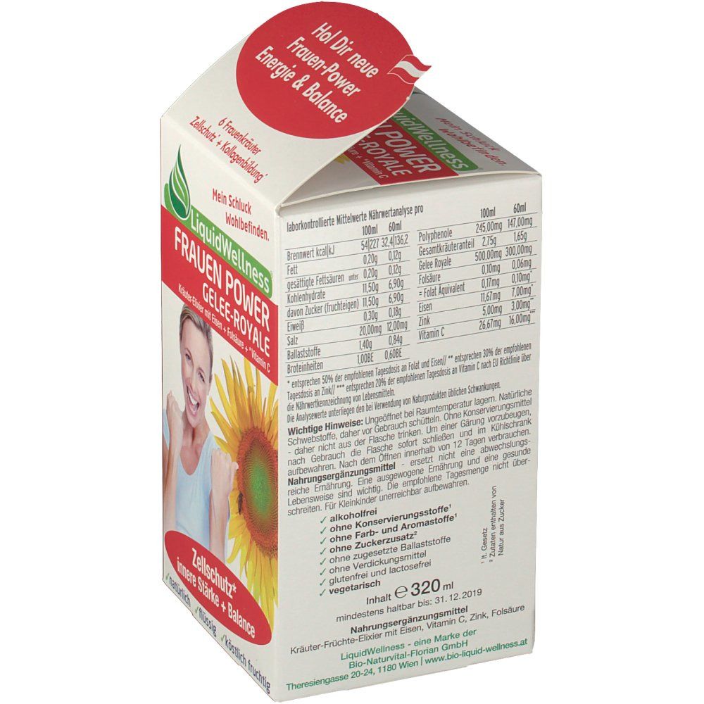 Kartonverpackung von LiquidWellness® FRAUEN POWER GELEE-ROYALE. Aufdruck mit Produktnamen, Inhaltsangaben und einer Frau mit Sonnenblume.