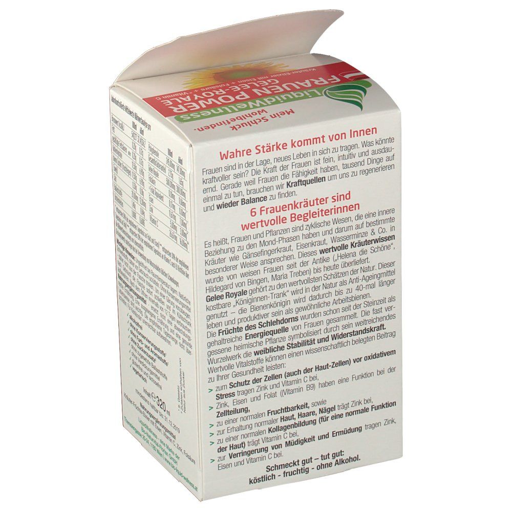 Kartonverpackung von LiquidWellness® FRAUEN POWER GELEE-ROYALE. Seitenansicht mit Text und Nährwertangaben.