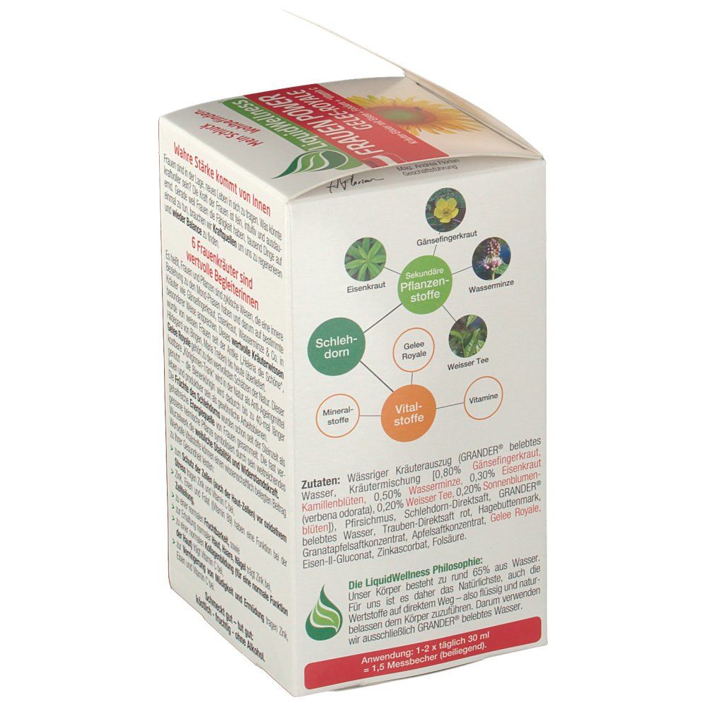 Kartonverpackung von LiquidWellness® FRAUEN POWER GELEE-ROYALE. Rückseite mit Inhaltsstoffen und grafischer Darstellung.