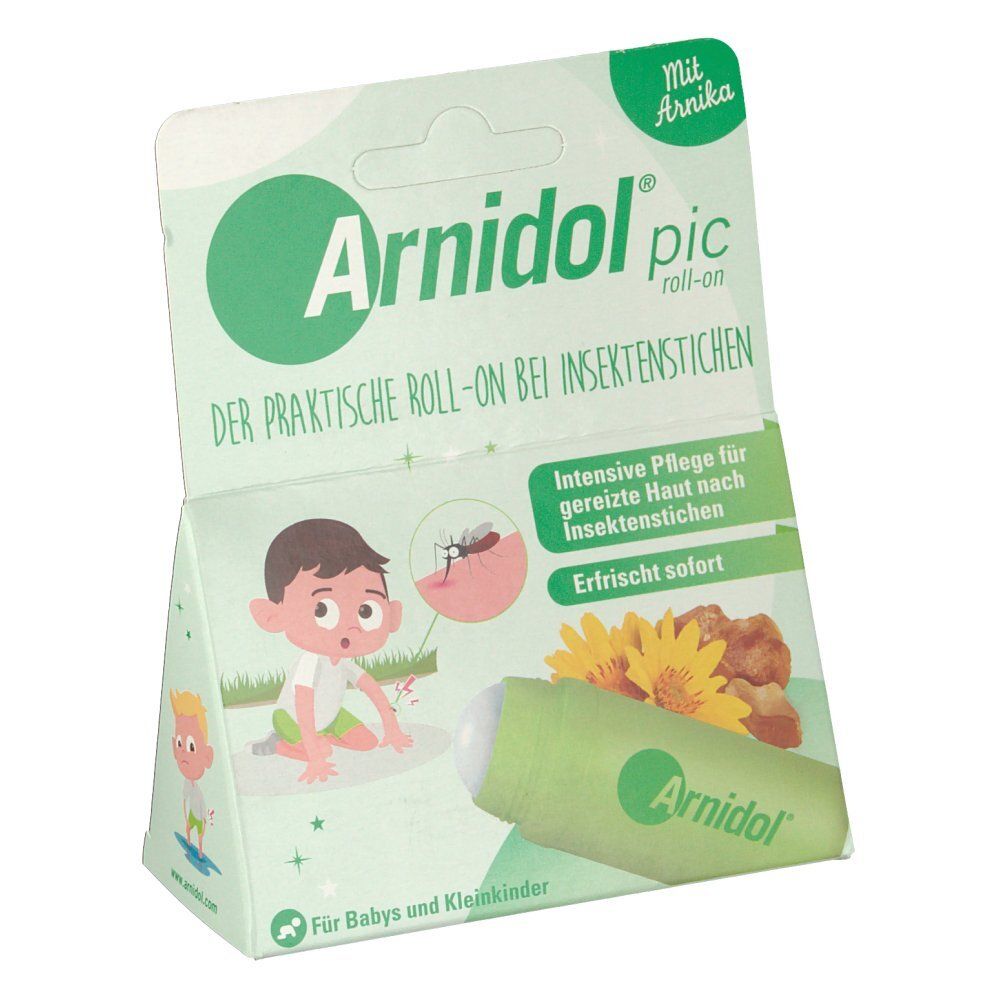 Verpackung mit Roll-on. Grün-weiße Schachtel mit Produktnamen und Illustration eines Kindes. Roll-on-Applikator sichtbar.