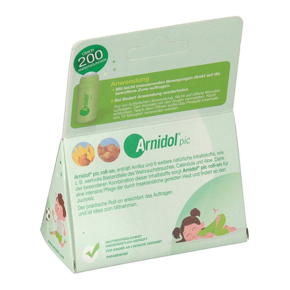 Rückseite der Schachtel mit Produktinformationen. Text und Illustrationen. Roll-on-Applikator abgebildet. Grün-weiße Farbgebung.