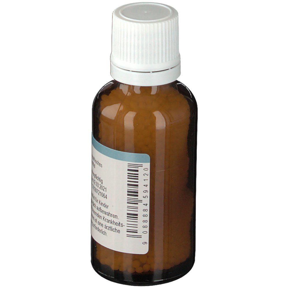 Braune Glasflasche mit weißem Deckel. Etikett mit Barcode und Produktinformationen. Apothekenpflichtig.