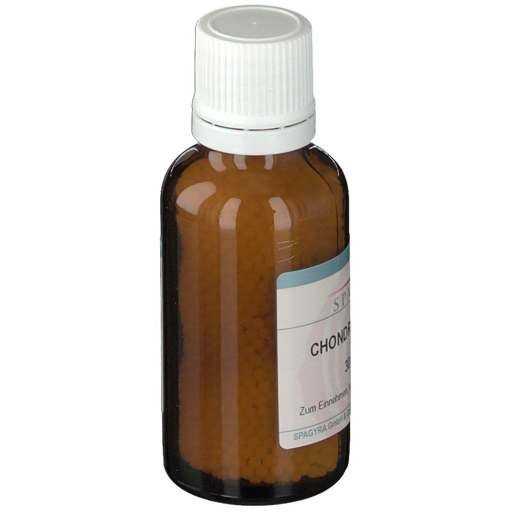 Braune Glasflasche mit weißem Deckel. Etikett mit Produktnamen und Dosierung. SPAGYRA-Logo sichtbar.