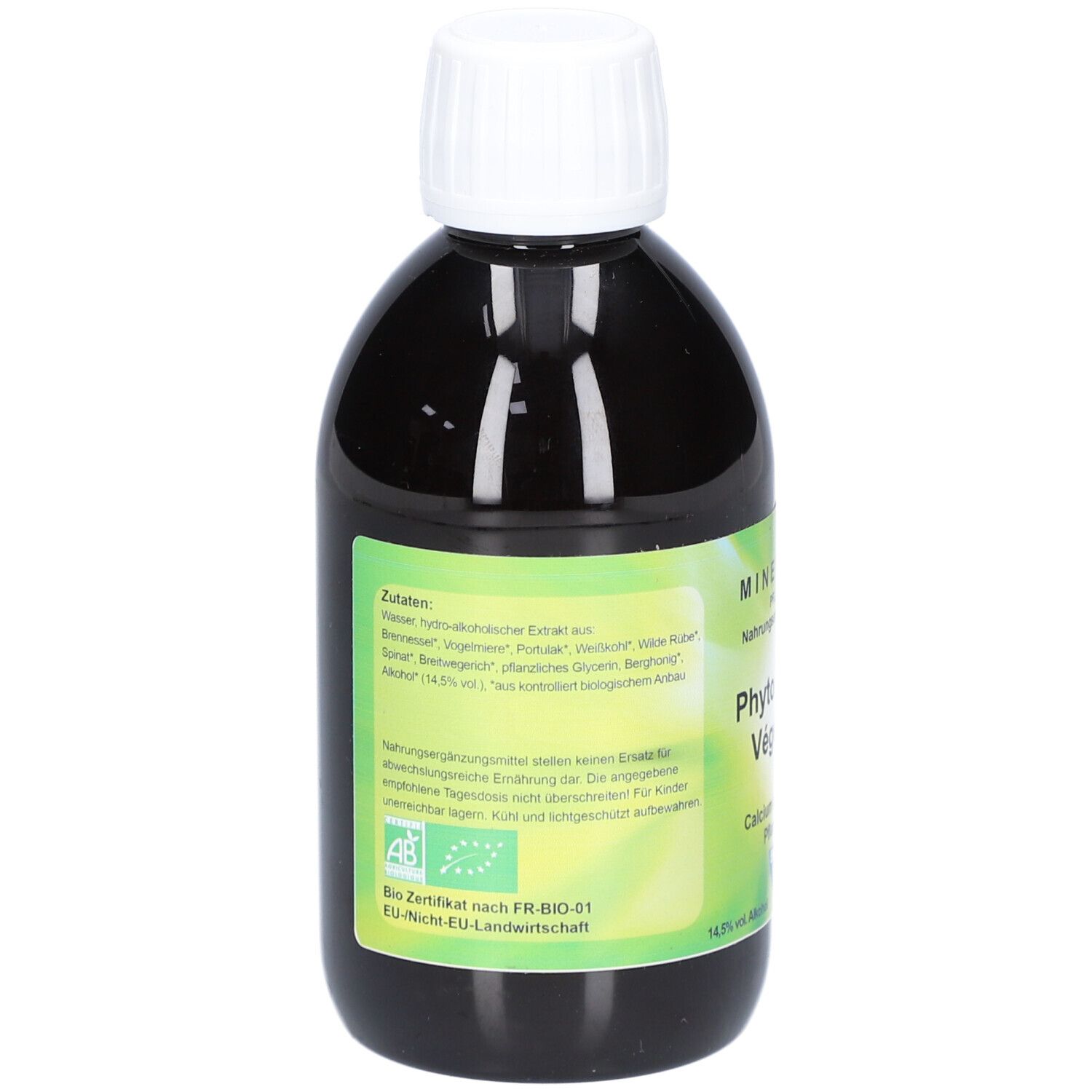 Rückseite der Flasche. Zutatenliste, Bio-Zertifikat nach FR-BIO-01. Text in deutscher Sprache.