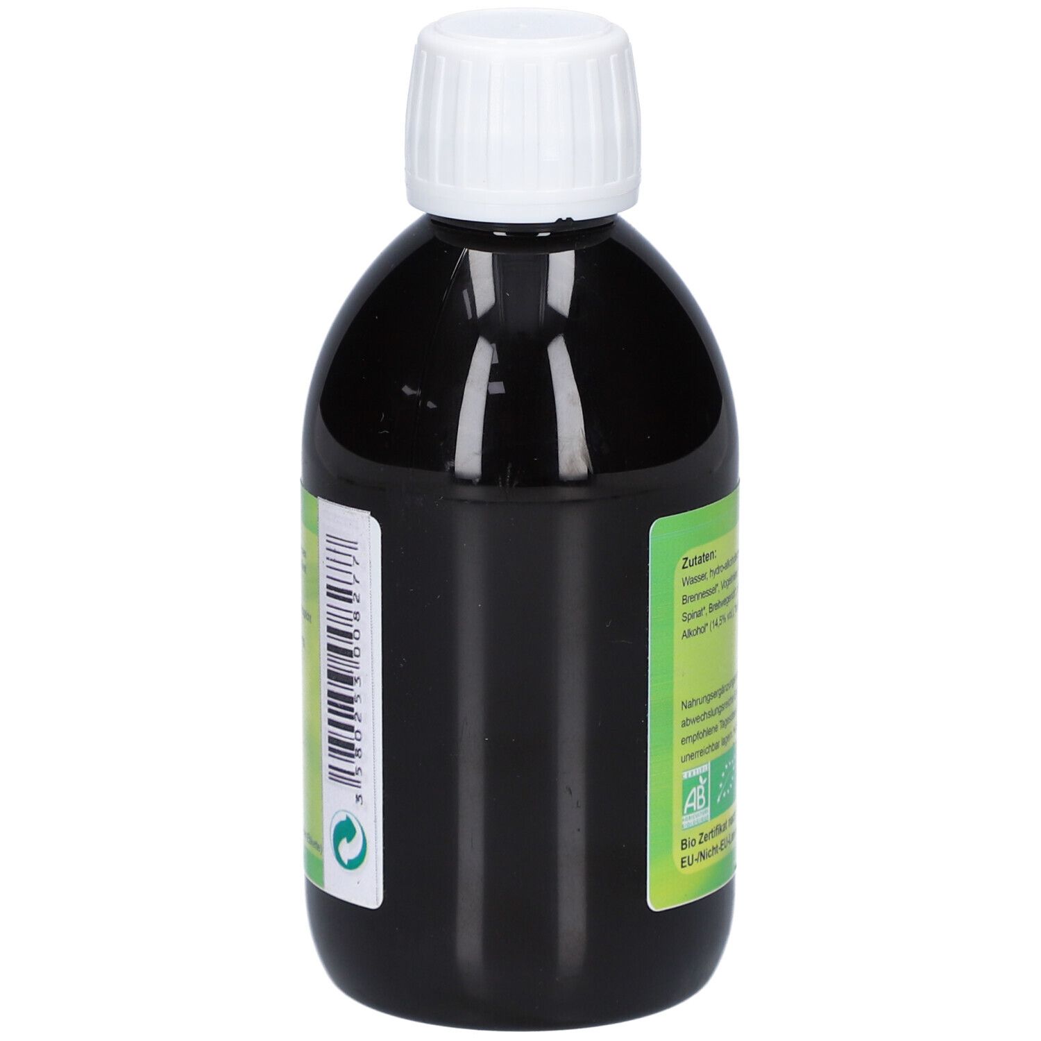 Seitenansicht der Flasche. Barcode und grüne Kennzeichnung. Text in deutscher Sprache.