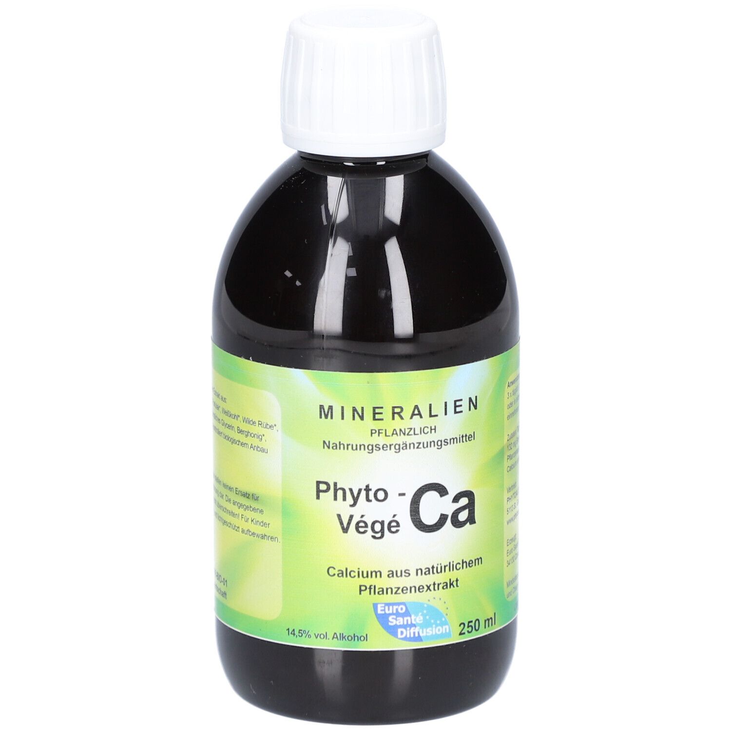 Dunkle Flasche mit weißem Deckel. Aufschrift: Mineralien, Phyto-Végé-Ca, Calcium aus Pflanzenextrakt. 250 ml.