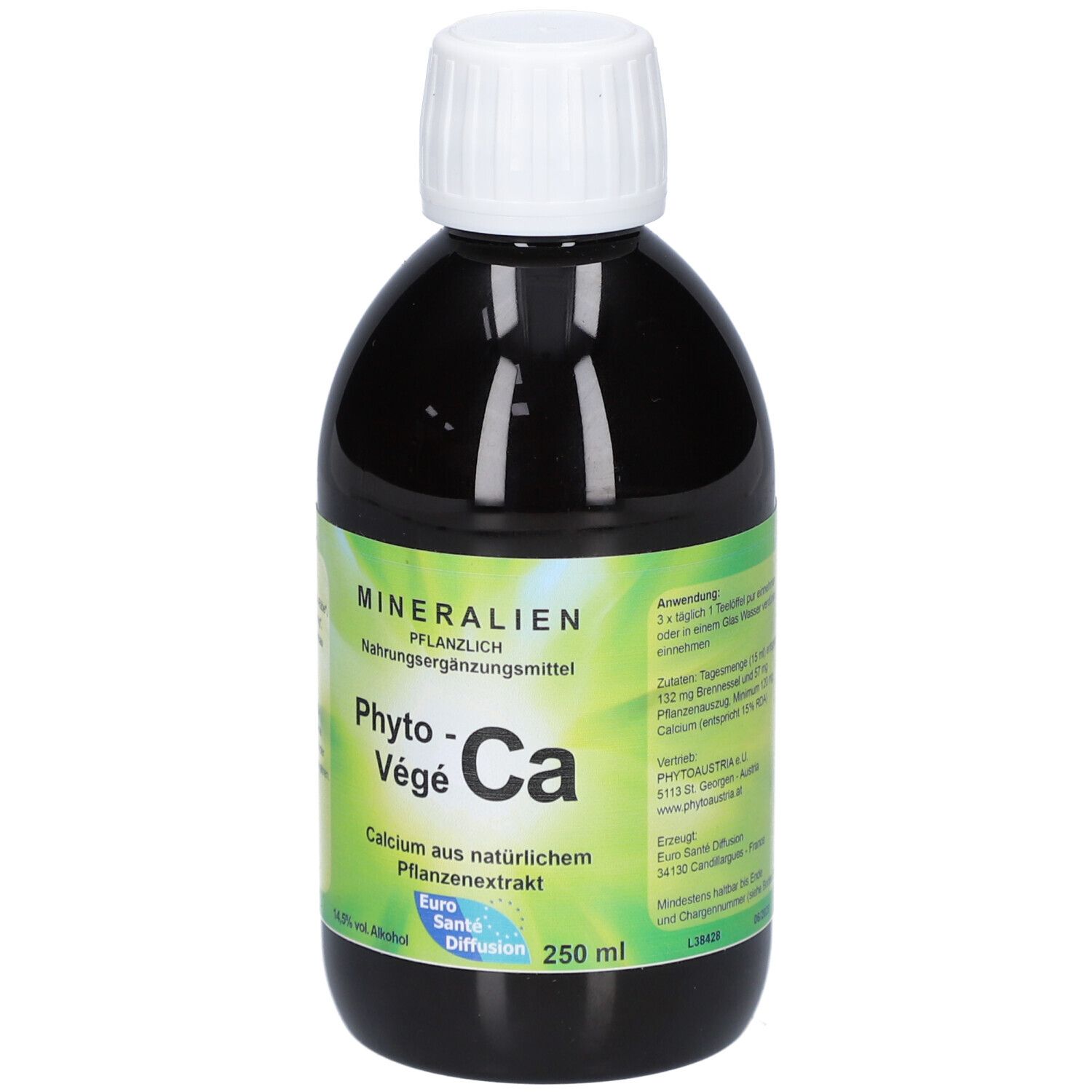 Dunkle Flasche mit weißem Deckel. Aufschrift: Mineralien, Phyto-Végé-Ca, Calcium aus Pflanzenextrakt. 250 ml. Zusätzliche Informationen.