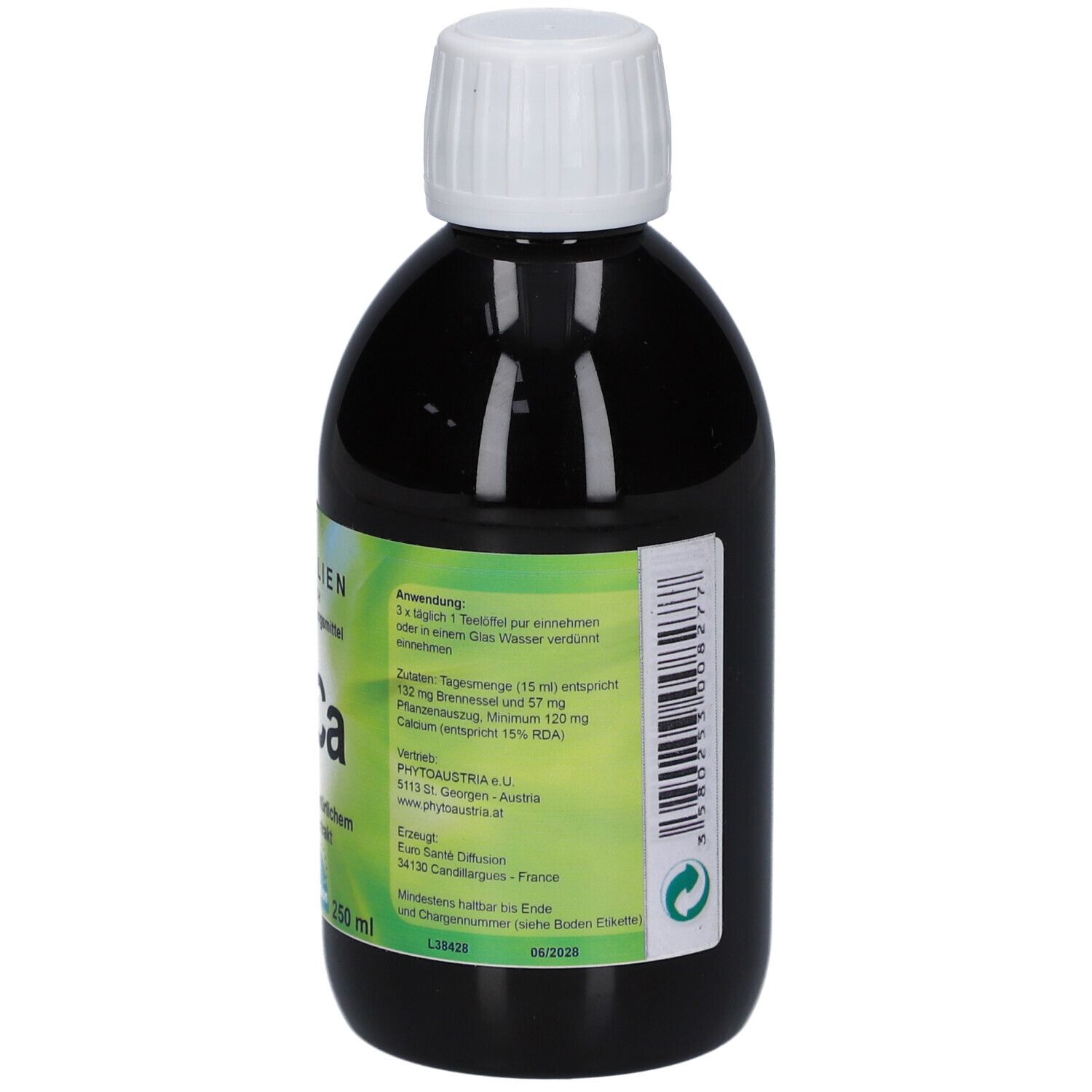 Dunkle Flasche mit weißem Deckel. Aufschrift: Mineralien, Phyto-Végé-Ca, Calcium aus Pflanzenextrakt. 250 ml. Zusätzliche Informationen.