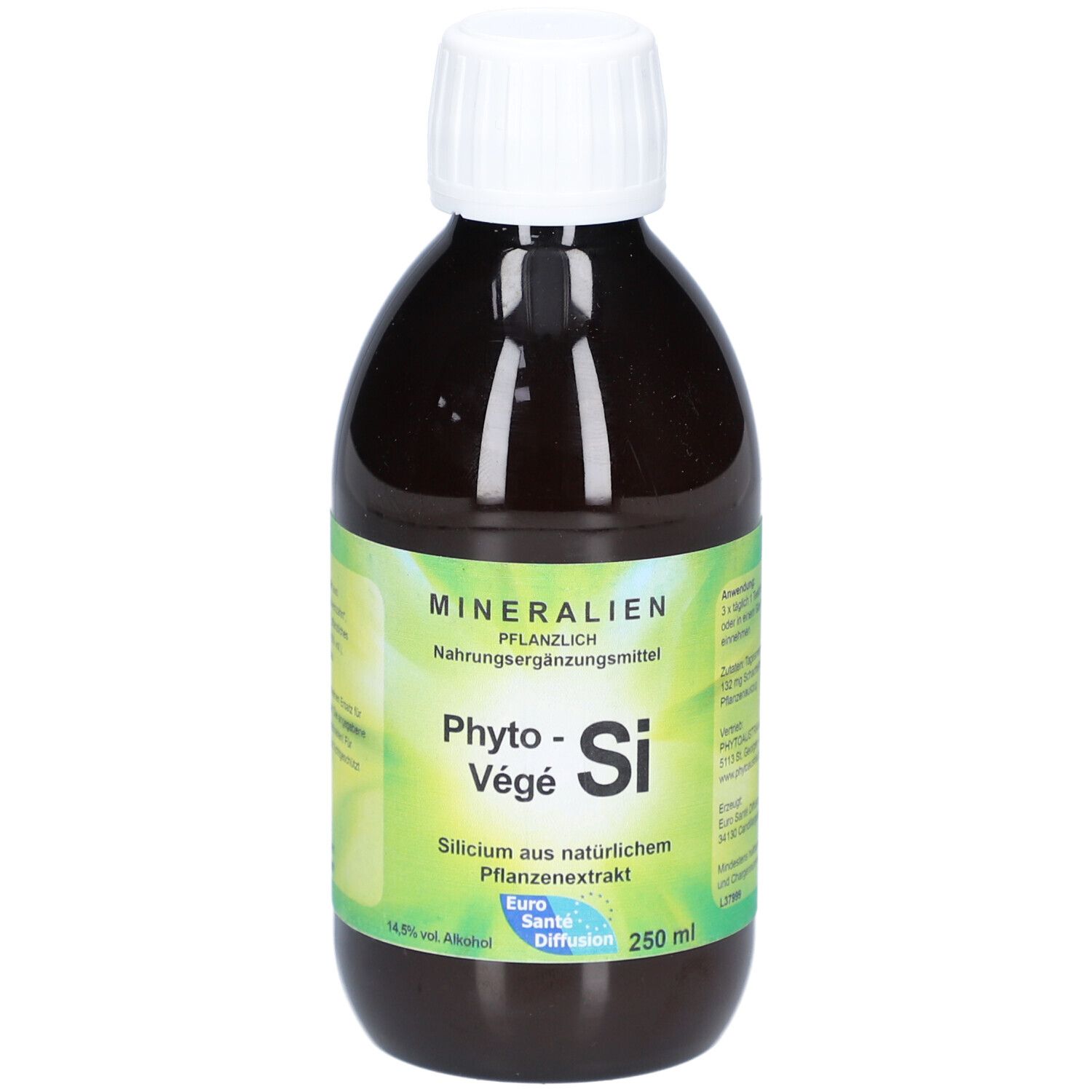 Braune Flasche mit weißem Verschluss. Etikett mit Produktnamen und Inhaltsangaben. 250 ml.