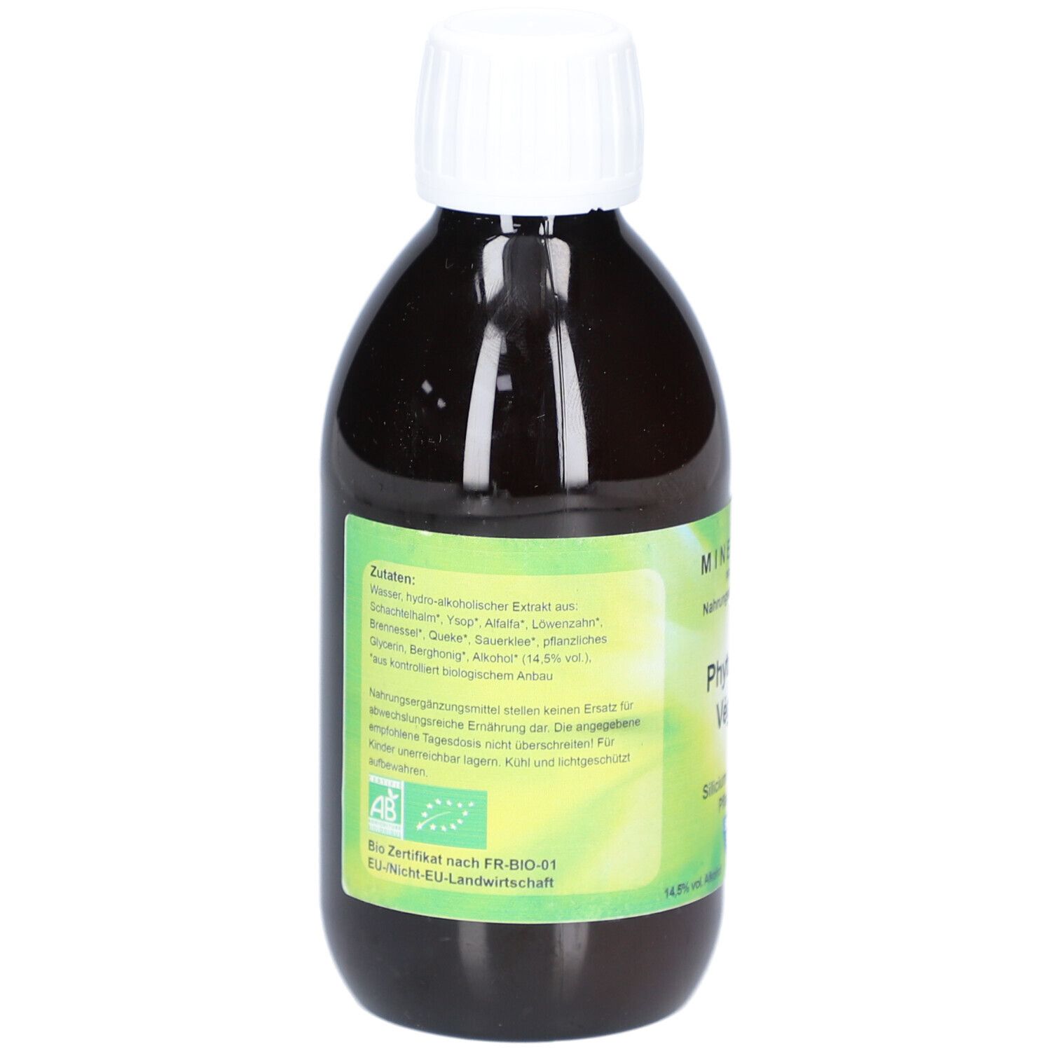 Rückansicht der braunen Flasche mit weißem Verschluss. Etikett mit Inhaltsstoffen und Bio-Zertifizierung.