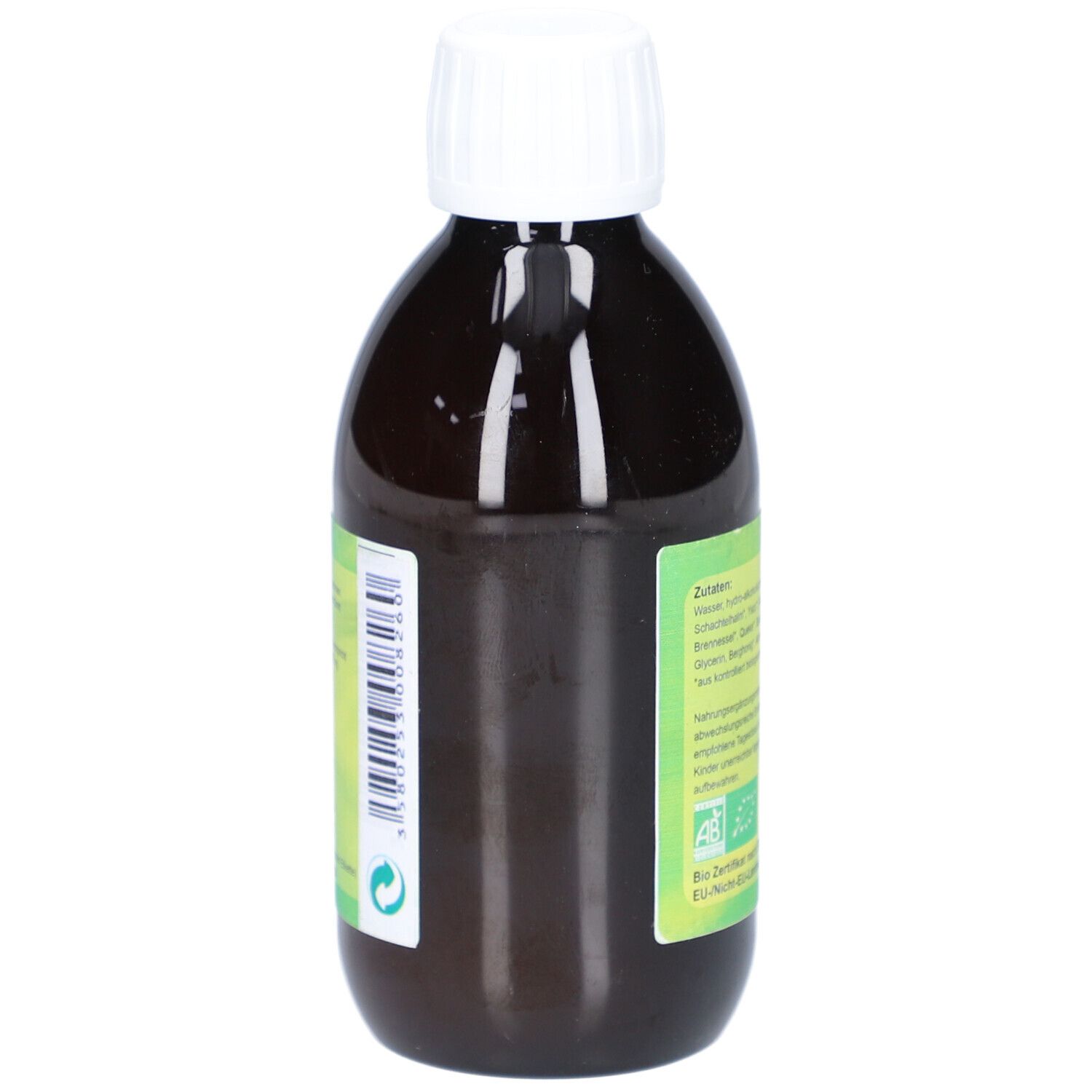 Rückansicht der braunen Flasche mit weißem Verschluss. Etikett mit Inhaltsstoffen und Bio-Zertifizierung.
