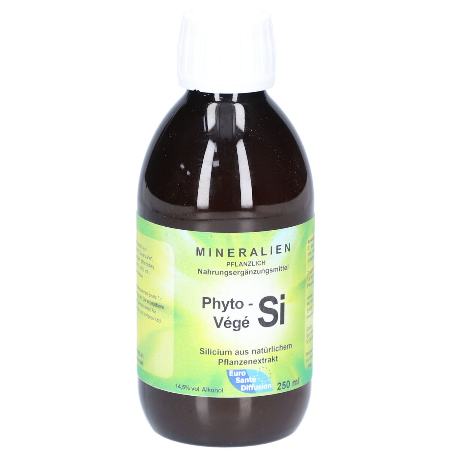 Braune Flasche mit weißem Verschluss. Etikett mit Produktnamen und Inhaltsangaben. 250 ml.