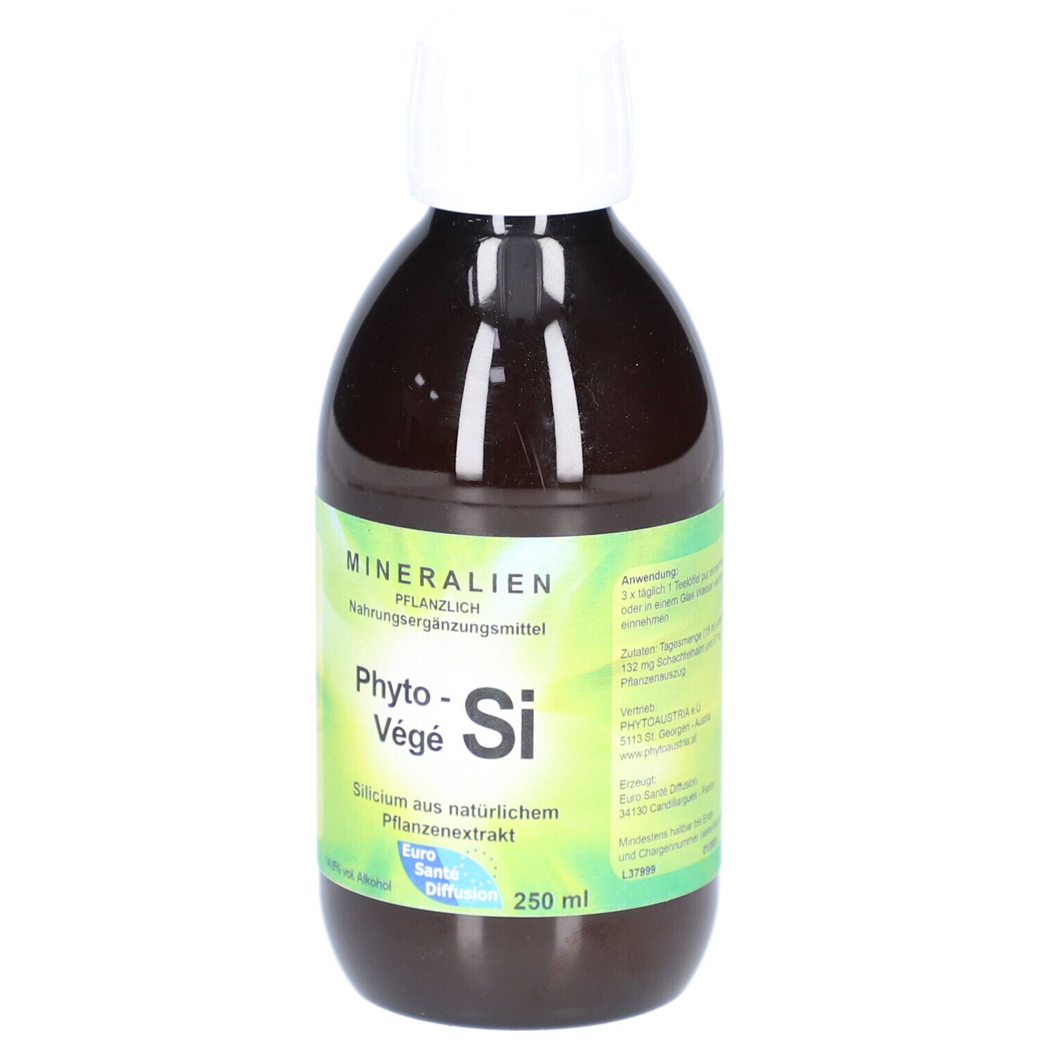 Braune Flasche mit weißem Verschluss. Etikett mit Produktnamen, Inhaltsangaben und Dosierung. 250 ml.