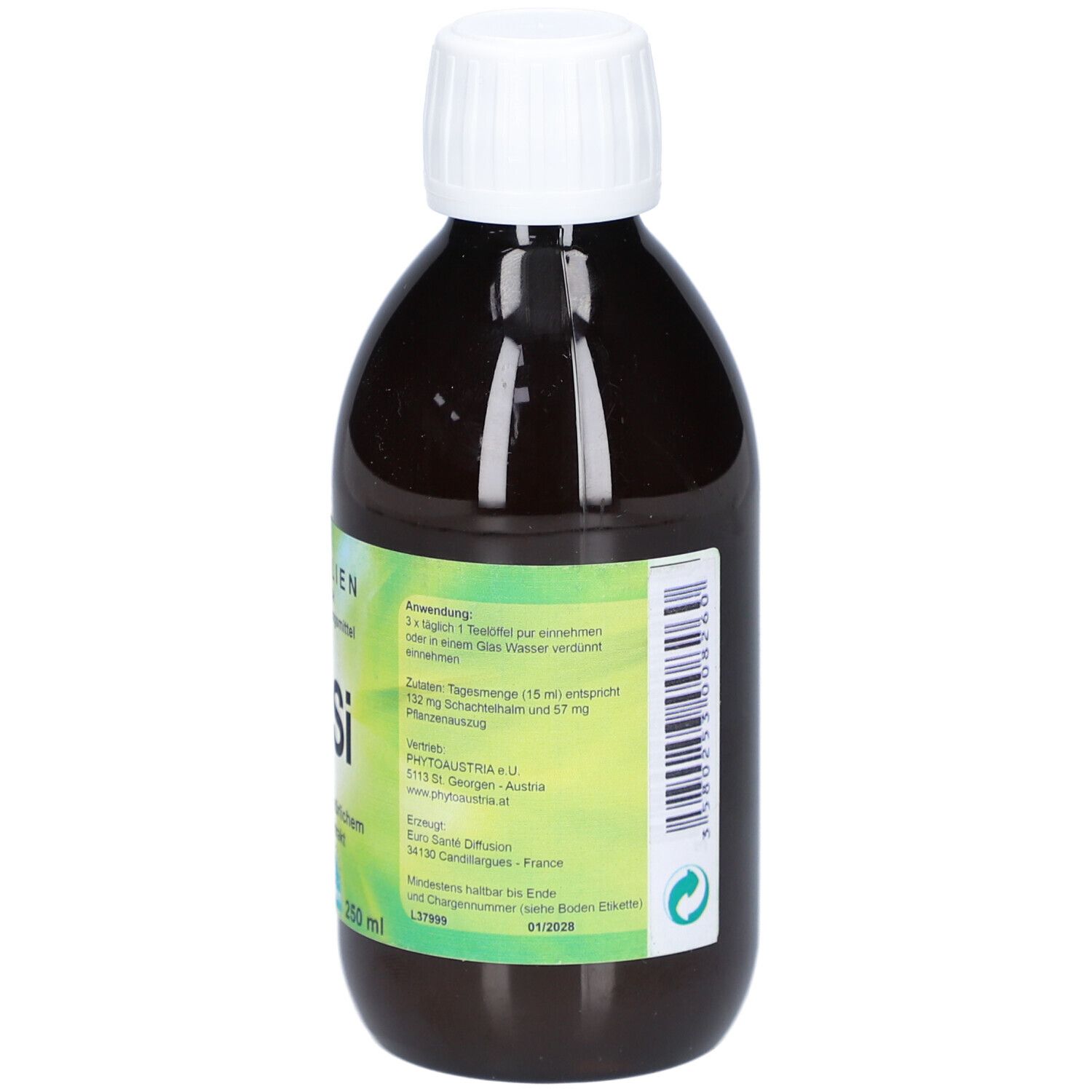 Rückansicht der braunen Flasche mit weißem Verschluss. Etikett mit Dosierung, Inhaltsstoffen und Herstellerinformationen.