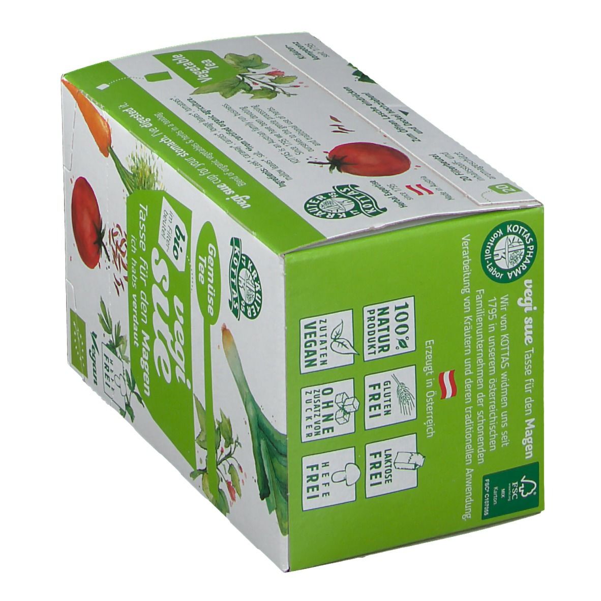 Karton mit Gemüse Tee. Aufschrift: vegi sue Tasse für den Magen. Bio, hefefrei, vegan. Rückseite mit Zubereitung.