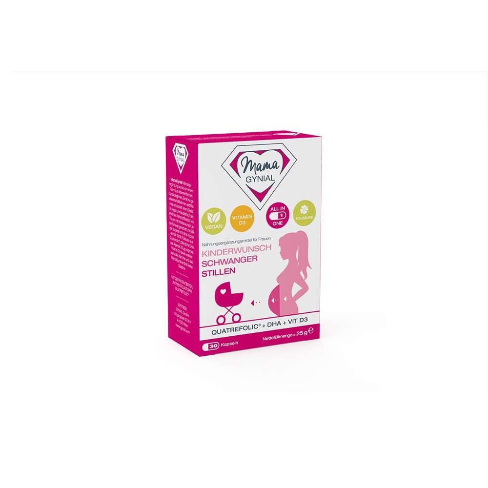 Rosa-weiße Schachtel mit Produktnamen und Logo. Aufschrift: Kinderwunsch, Schwanger, Stillen. Illustration einer schwangeren Frau.