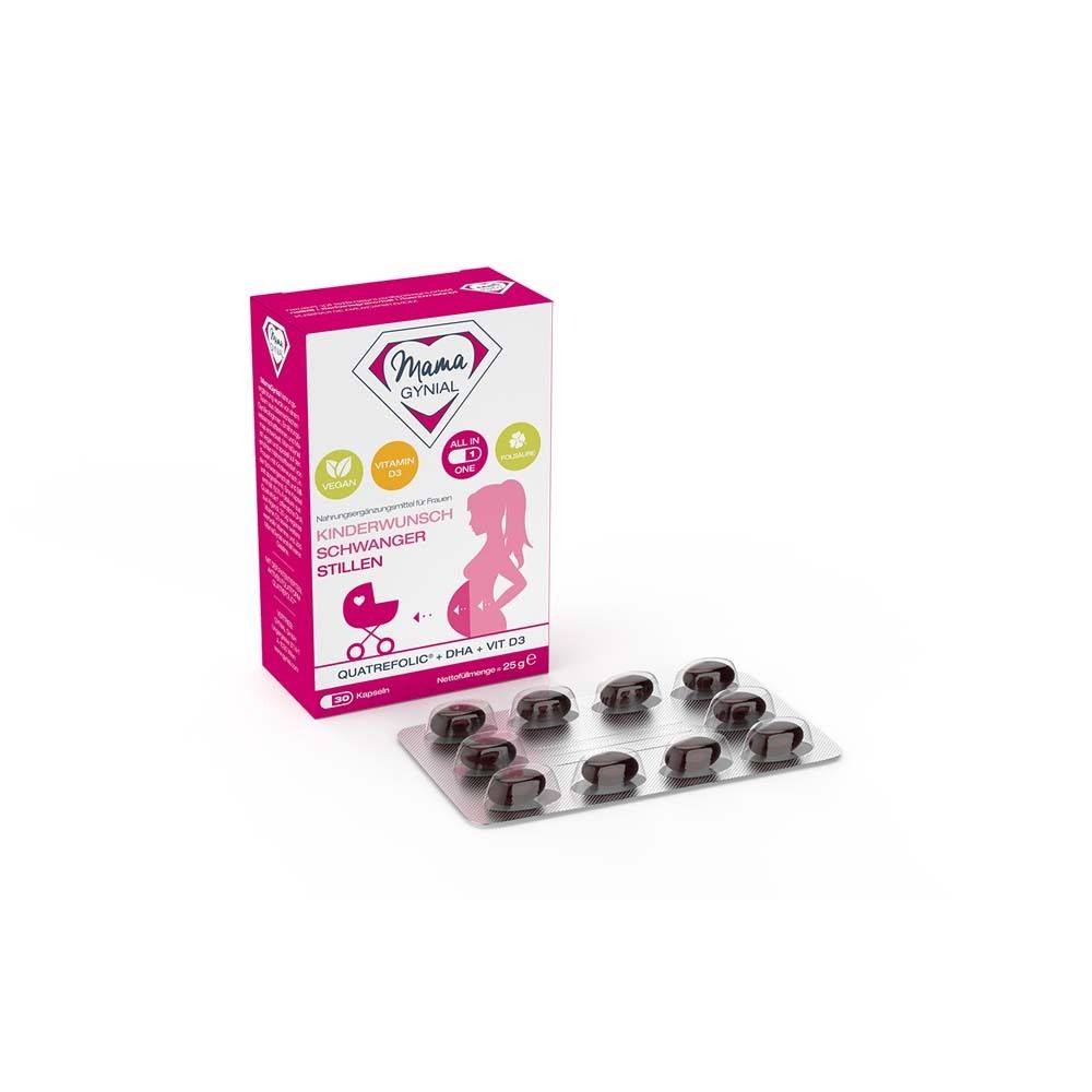 Rosa-weiße Schachtel mit Produktnamen und Logo. Blisterpackung mit Kapseln liegt daneben. Aufschrift: Kinderwunsch, Schwanger, Stillen.