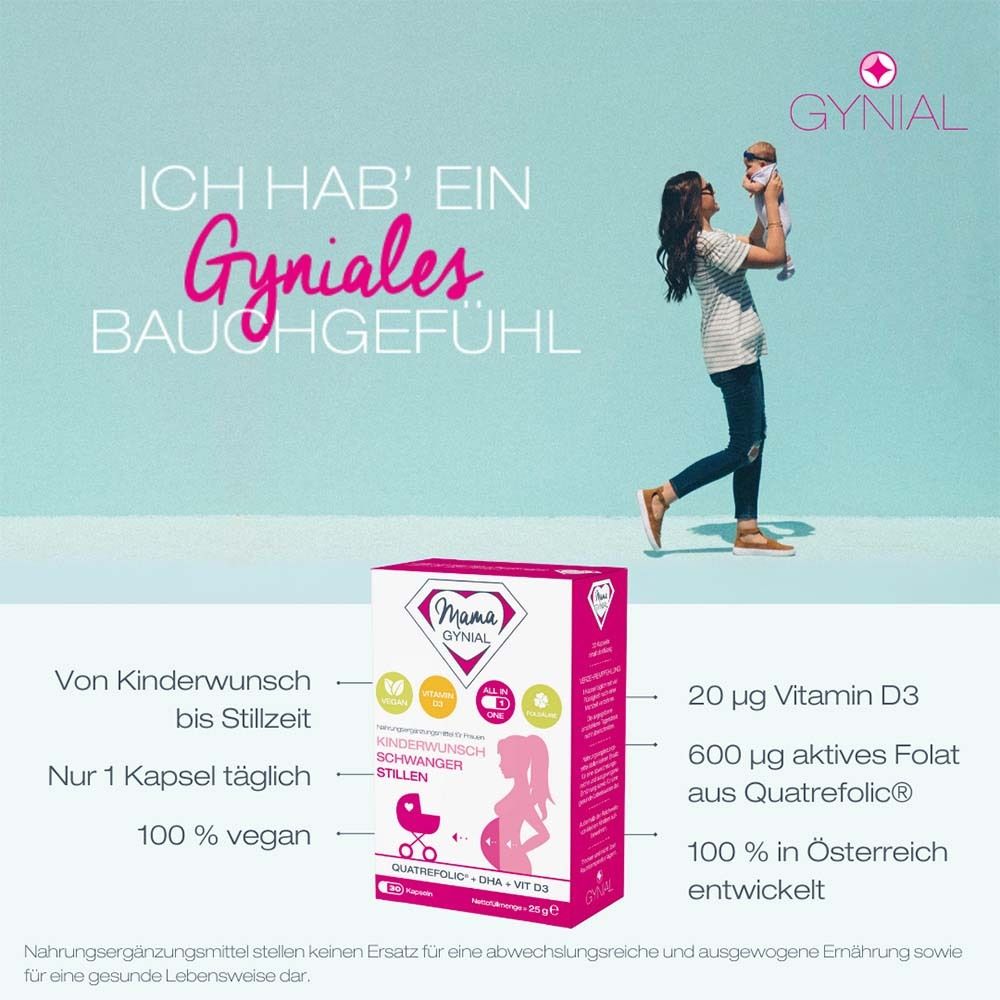 Werbebild mit MamaGynial-Verpackung. Frau mit Baby. Text: Gyniales Bauchgefühl. Informationen zu Vitaminen und Schwangerschaft.