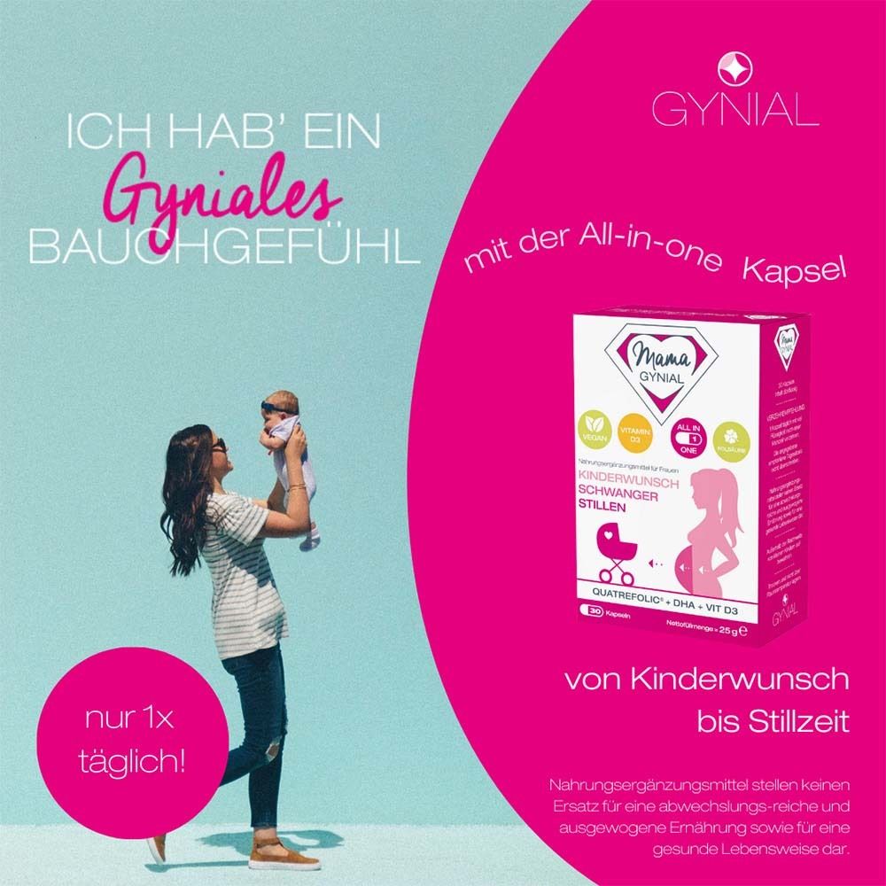 Werbebild mit MamaGynial-Verpackung. Frau mit Baby. Text: Gyniales Bauchgefühl. Informationen zu Vitaminen und Schwangerschaft.