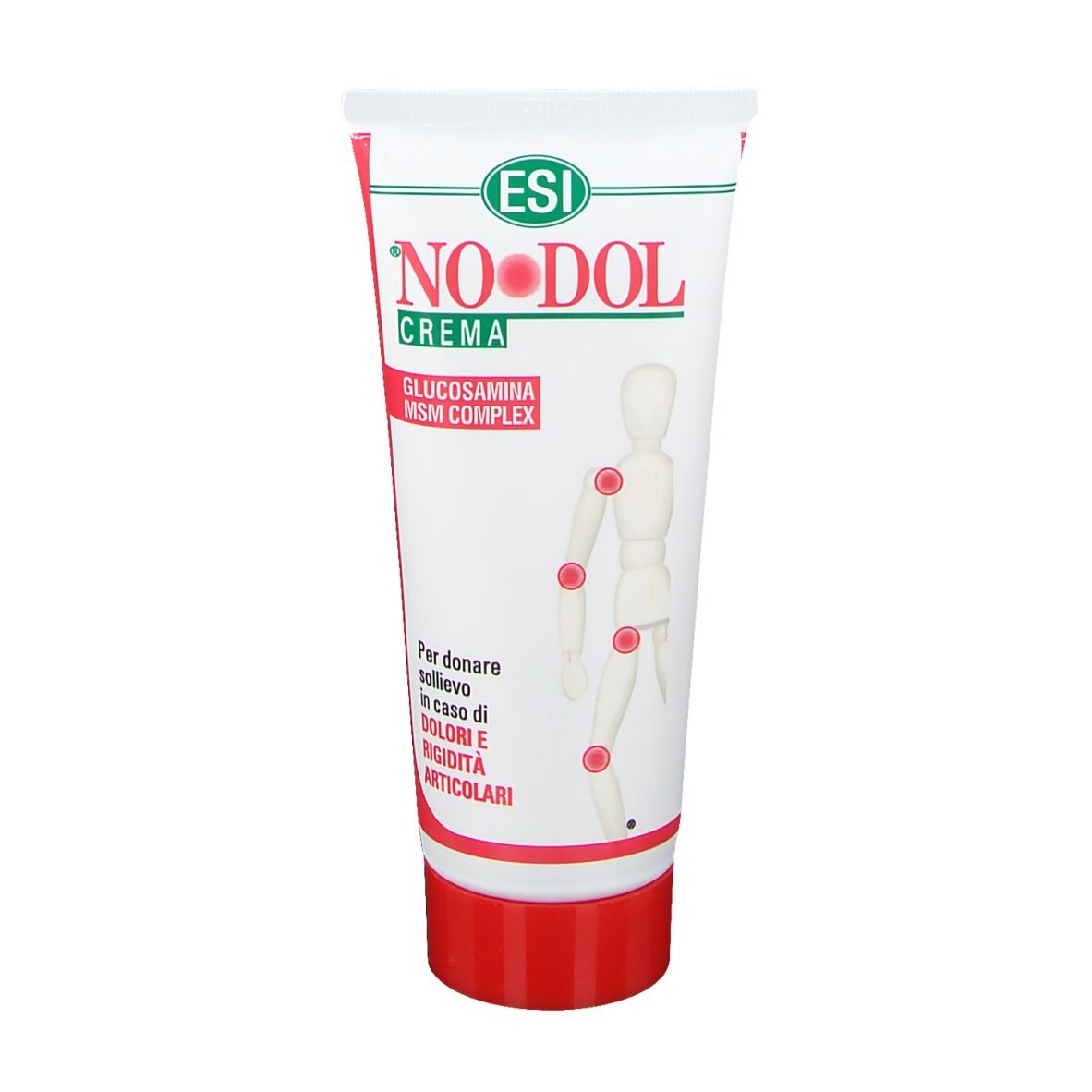 Creme-Tube mit roter Kappe. Aufschrift: NO-DOL CREMA, Glucosamin MSM Complex. Abbildung eines menschlichen Skeletts.