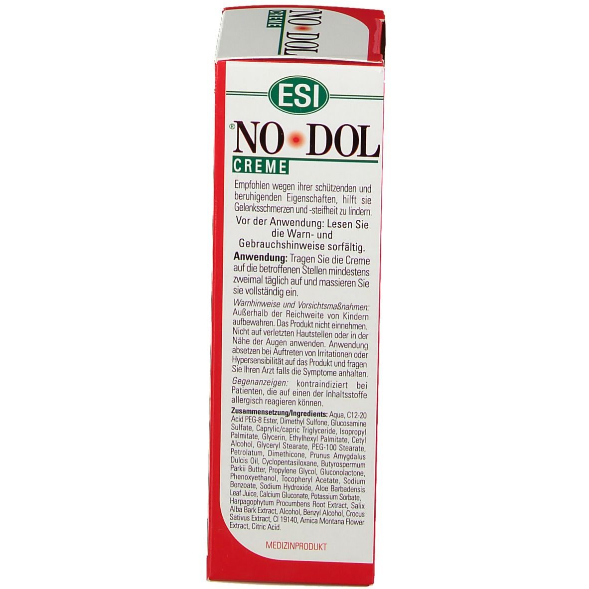 Rückseite der NO-DOL CREME-Verpackung. Text über Inhaltsstoffe und Anwendung. Medizinprodukt-Kennzeichnung.