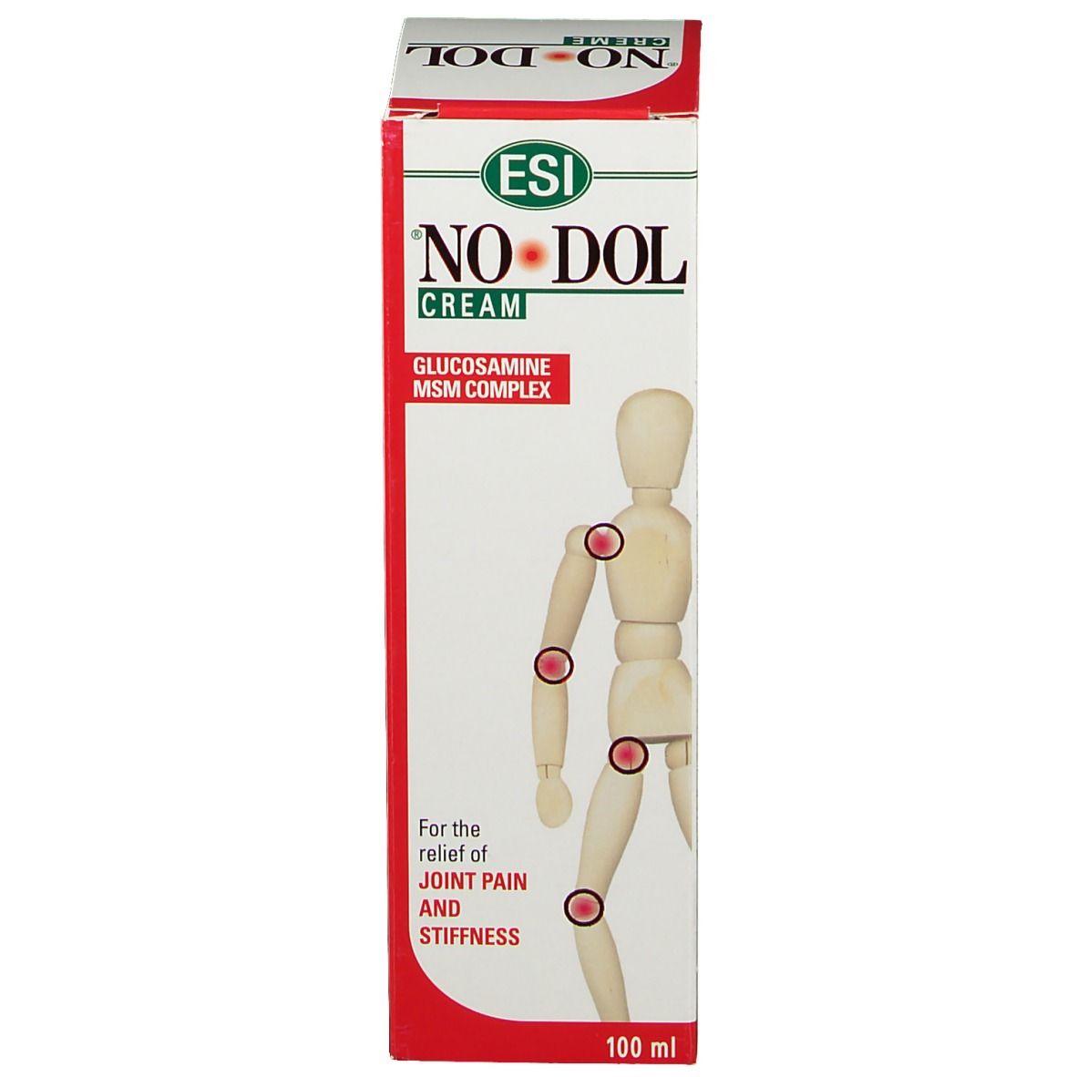 Schachtel mit NO-DOL CREME. Aufschrift: Glucosamin MSM Complex. Abbildung eines menschlichen Skeletts mit roten Markierungen. 100 ml.