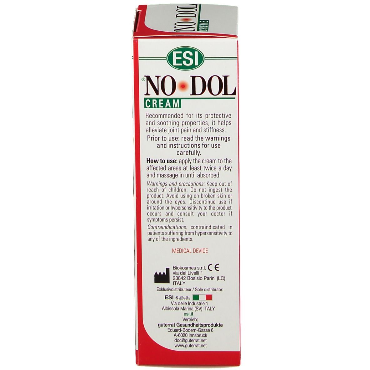 Rückseite der NO-DOL CREME-Verpackung. Text über Anwendung, Warnhinweise und Herstellerinformationen. Medizinprodukt.