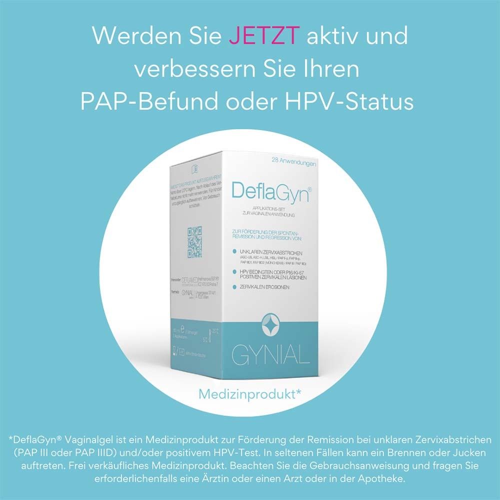DeflaGyn® Applikations-Set auf blauem Hintergrund. Text: Werden Sie JETZT aktiv und verbessern Sie Ihren PAP-Befund oder HPV-Status. GYNIAL-Logo.