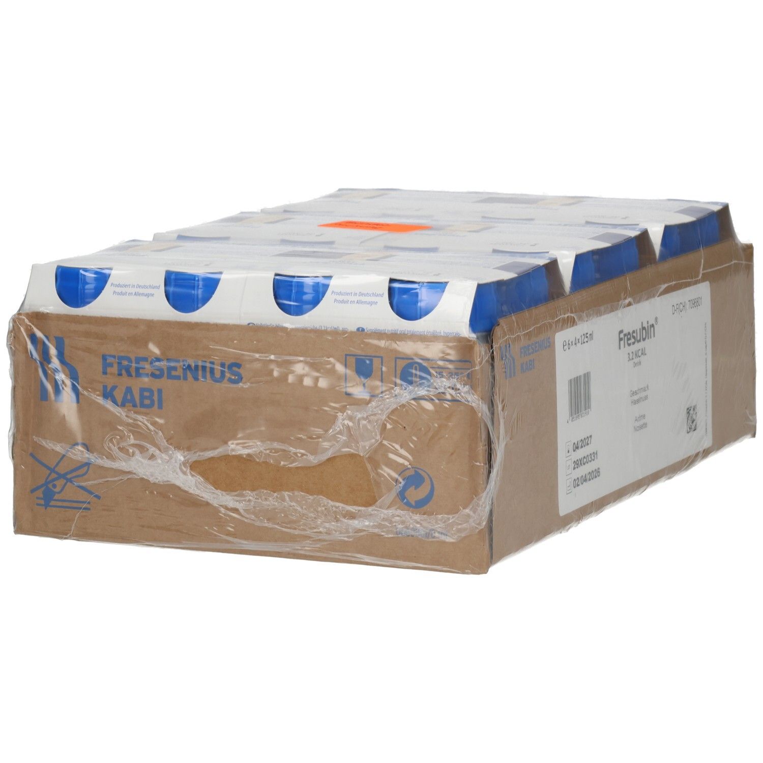 Fresenius Kabi Kartonverpackung mit 24x125ml Fresubin 3,2 Kcal Flaschen. Haselnussgeschmack.