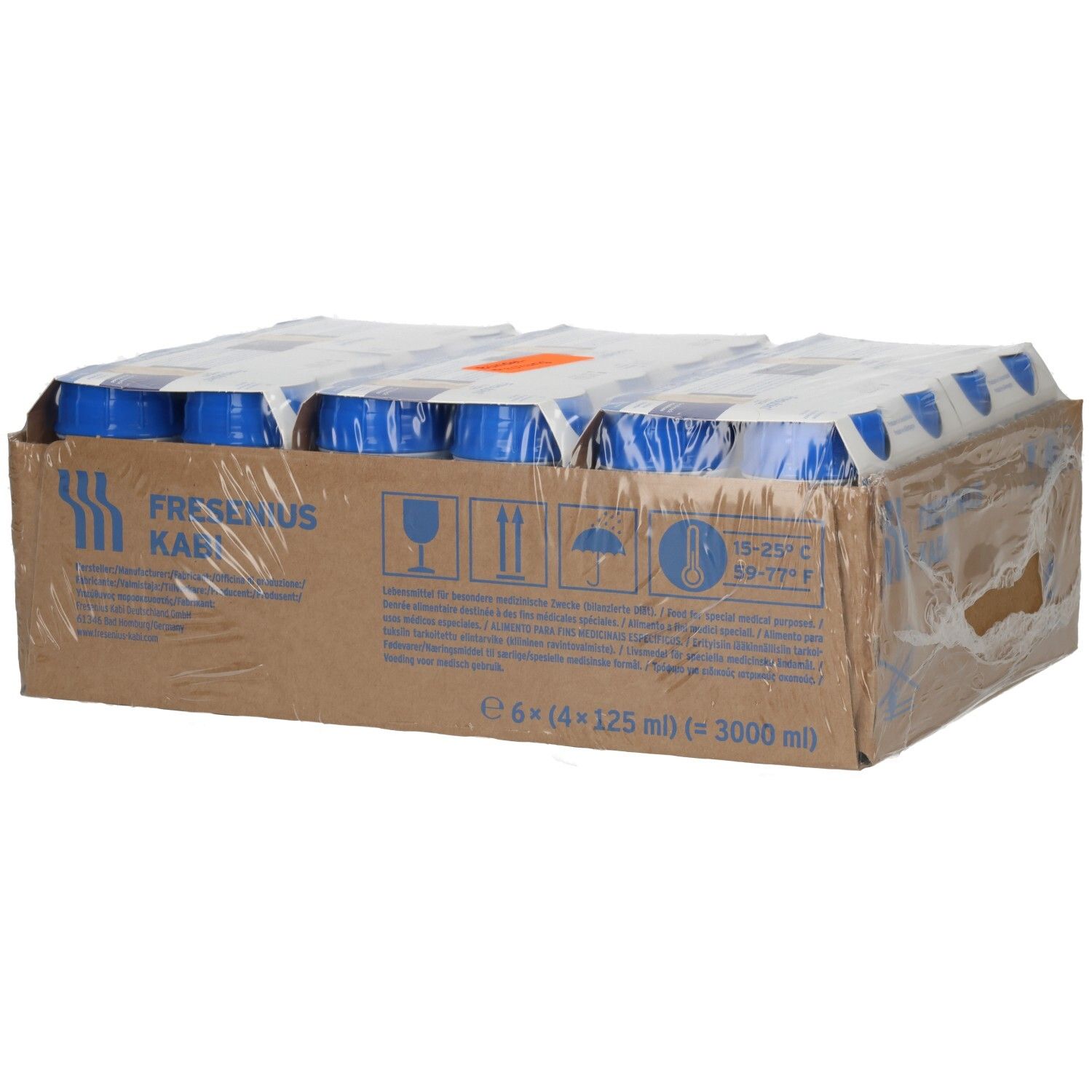 Fresubin 3,2 Kcal: 24x125ml Flaschen. Karton mit Handhabungssymbolen und Temperaturangaben.