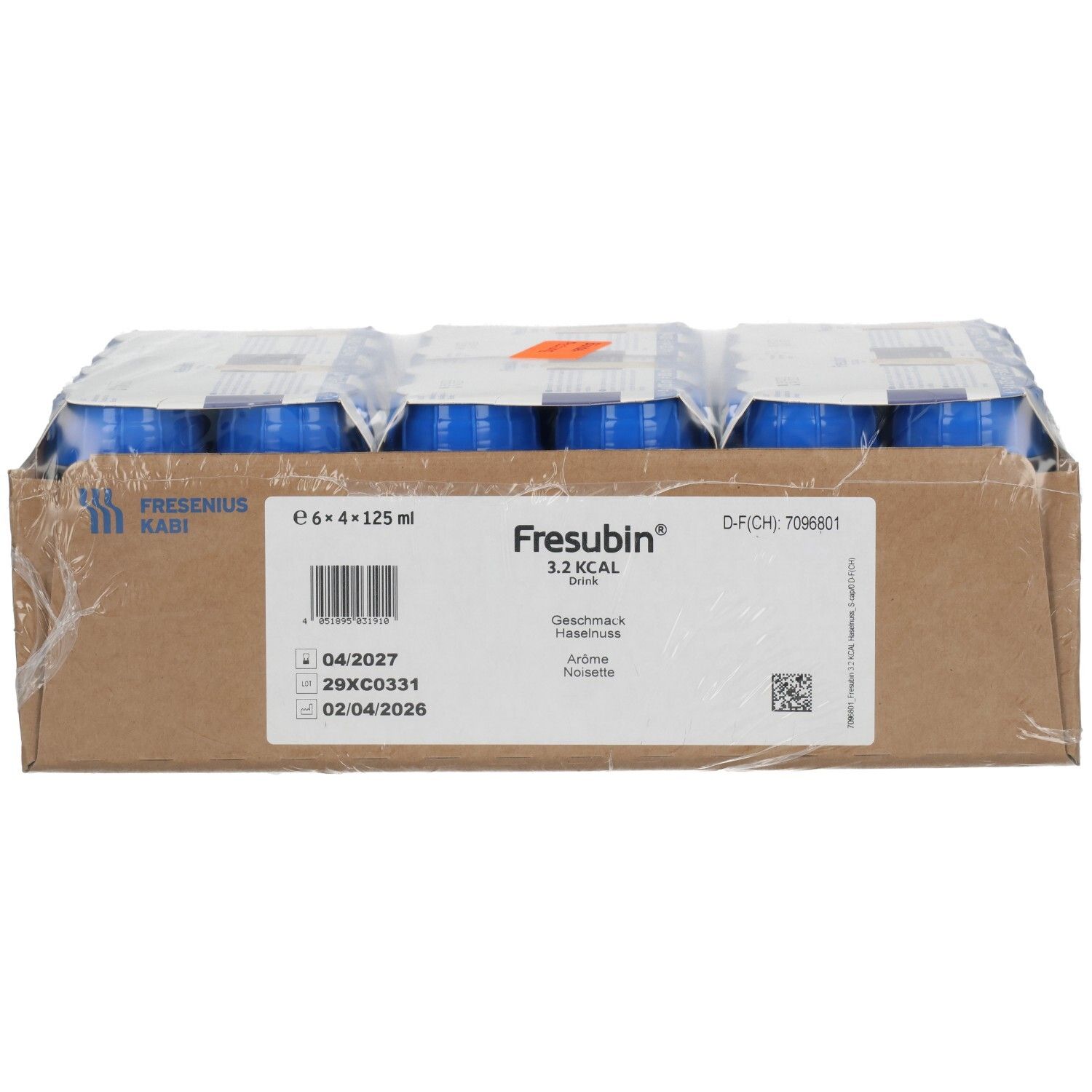 Fresubin 3,2 Kcal: 24x125ml Flaschen in Kartonverpackung. Etikett mit Barcode und MHD.