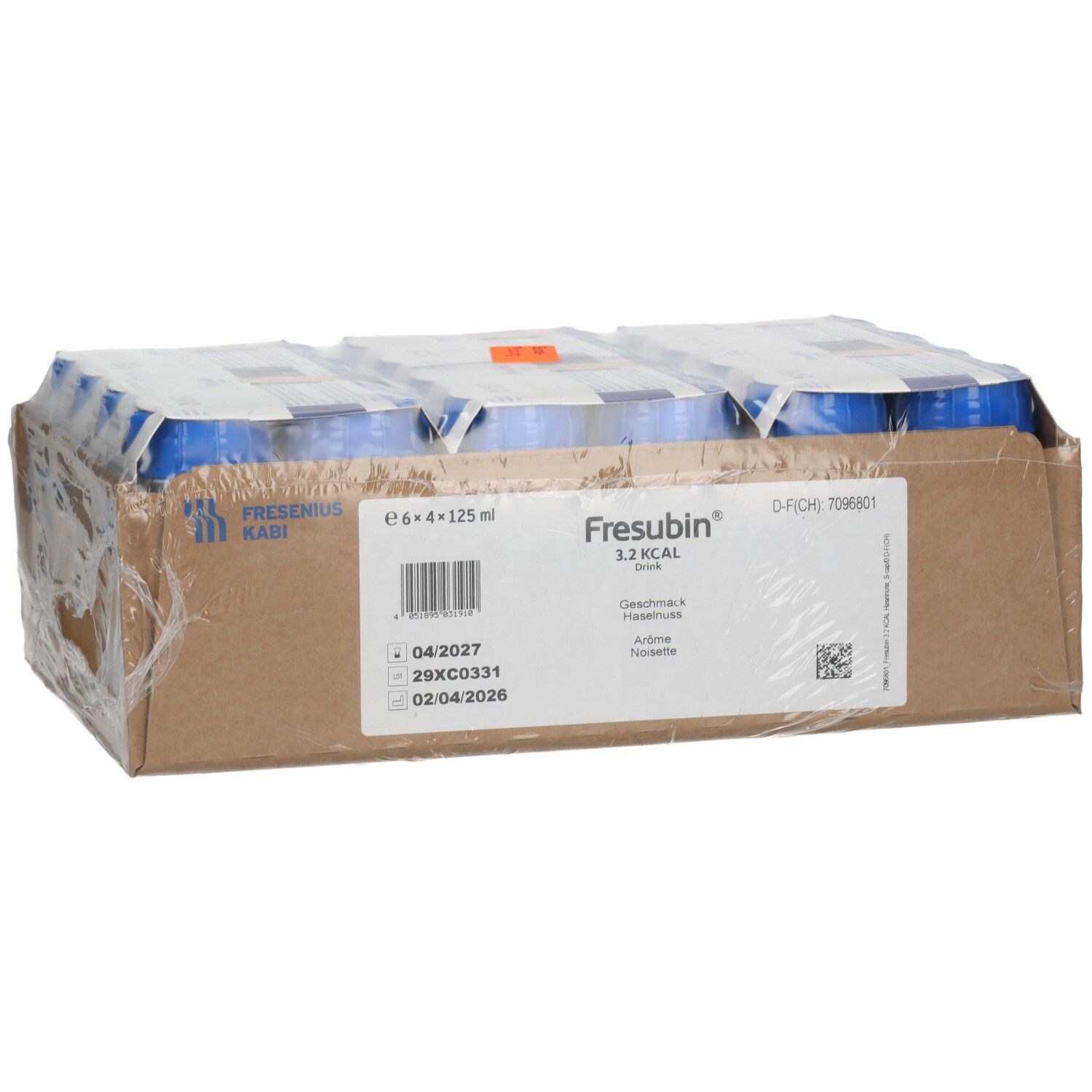 Fresubin 3,2 Kcal: 24x125ml Flaschen in Kartonverpackung. Etikett mit MHD 04/2027.