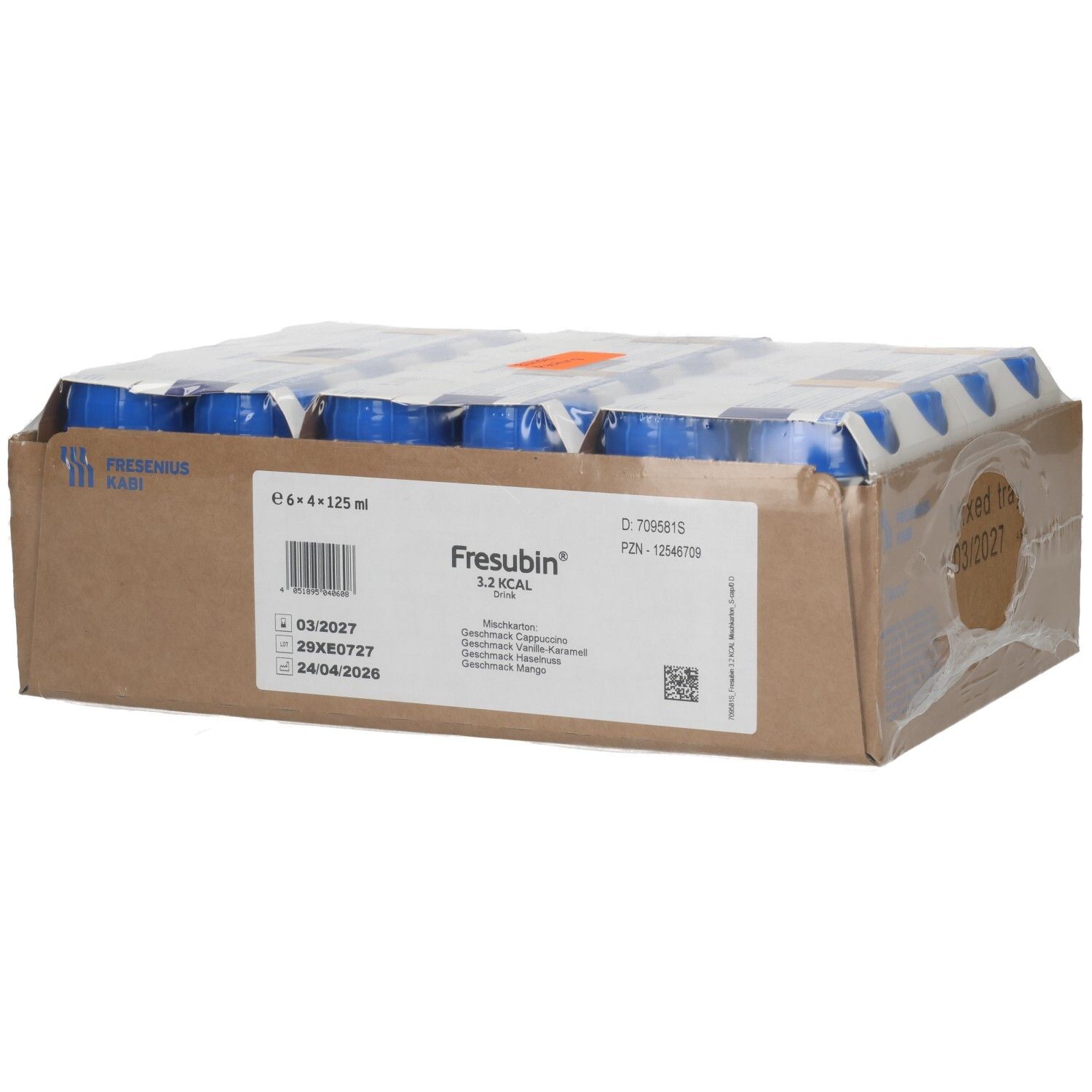 Fresubin 3,2 Kcal: Karton mit 6x 125ml Flaschen, gemischte Geschmacksrichtungen.