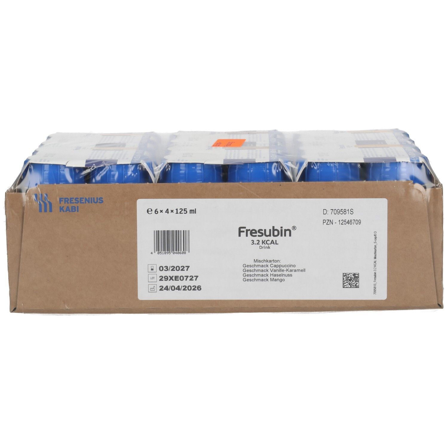 Fresubin 3,2 Kcal: Karton mit 6x 125ml Flaschen, gemischte Geschmacksrichtungen.