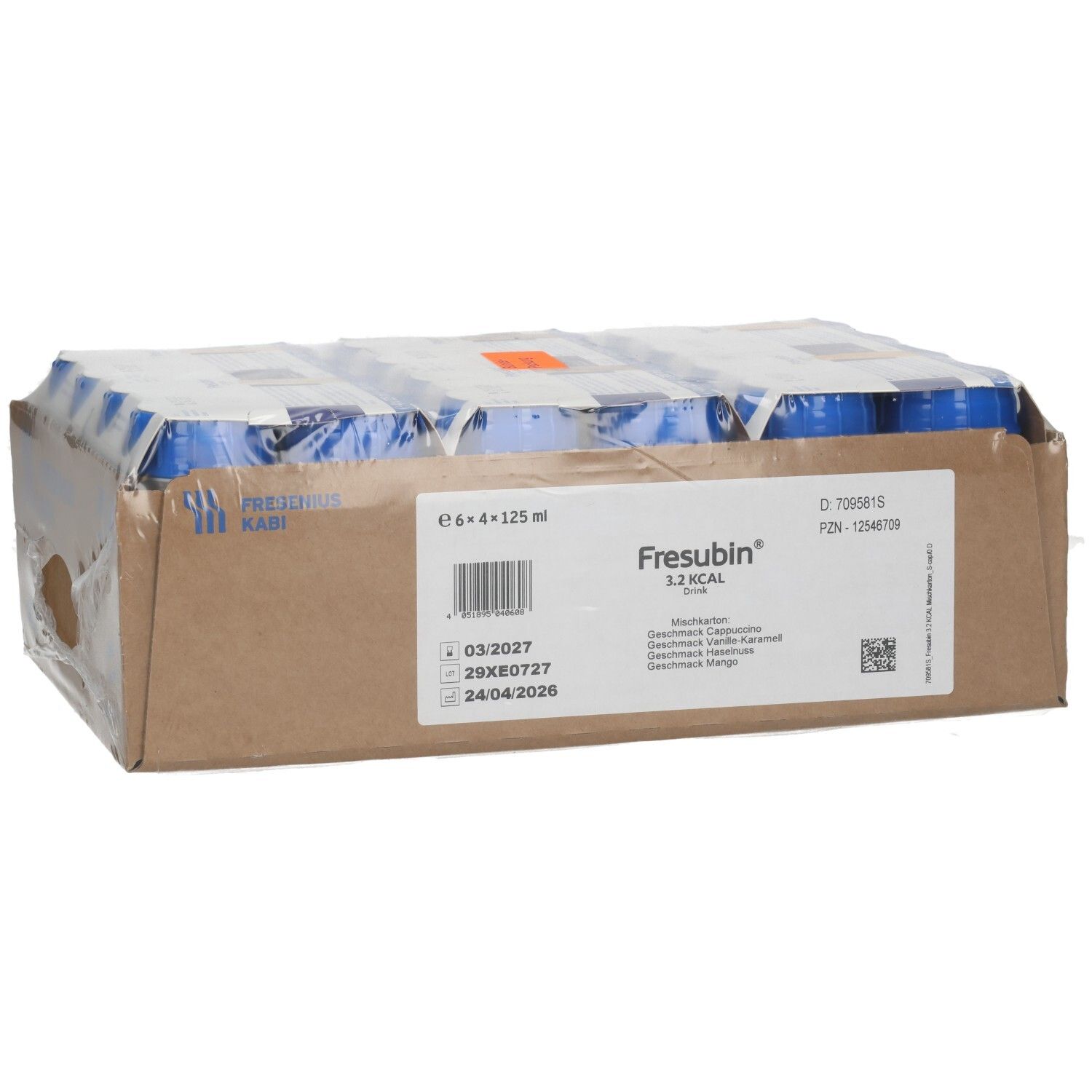 Fresubin 3,2 Kcal: Karton mit 6x 125ml Flaschen, gemischte Geschmacksrichtungen.