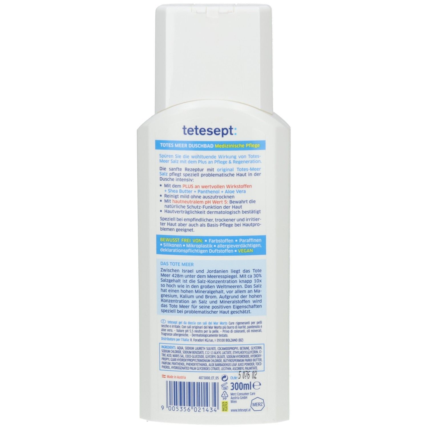 Rückseite der weißen tetesept Totes Meer Duschbad Flasche. Textinformationen. 300ml-Angabe. Barcode.