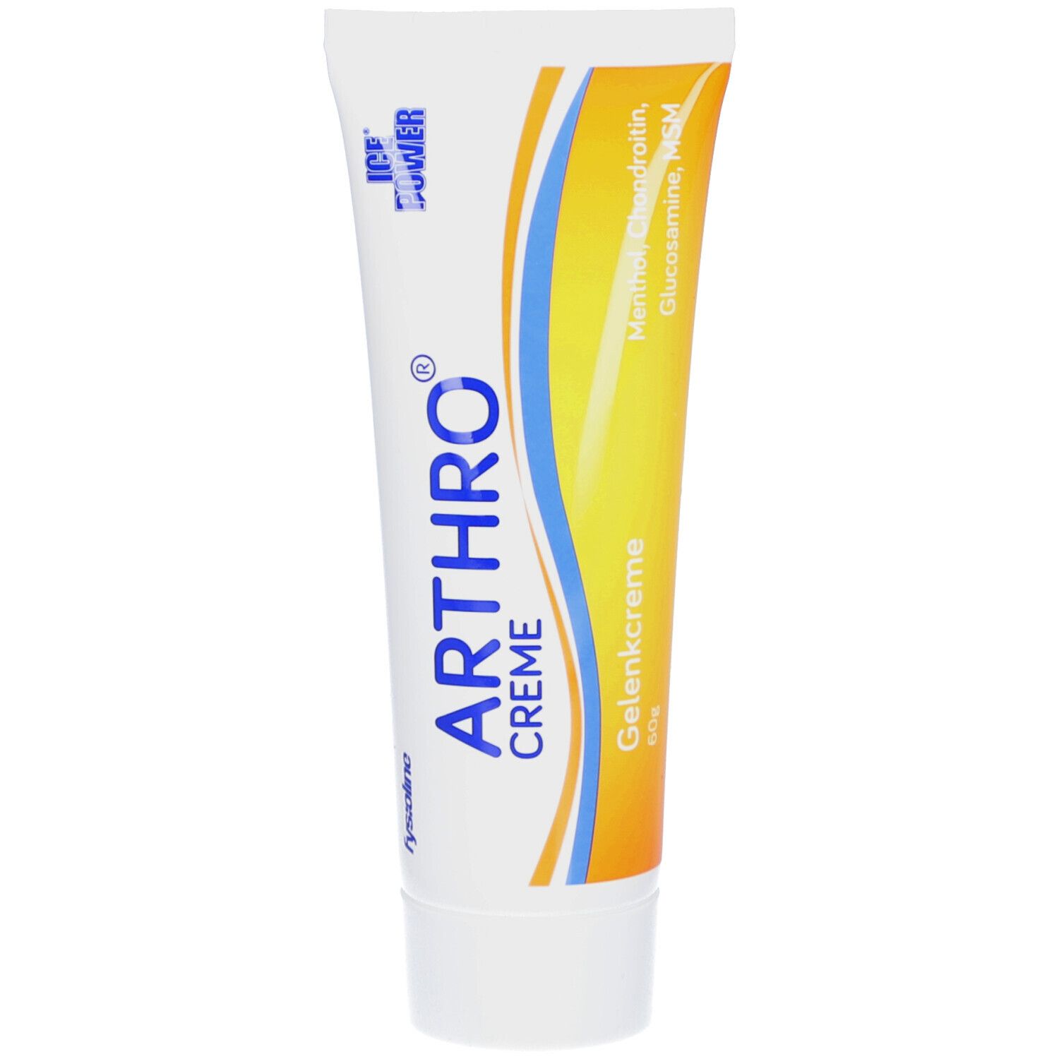 Weiß-blaue Tube mit ARTHRO® CREME-Schriftzug. Enthält Menthol, Chondroitin, Glucosamin, MSM. Gelb-orangefarbener Streifen.
