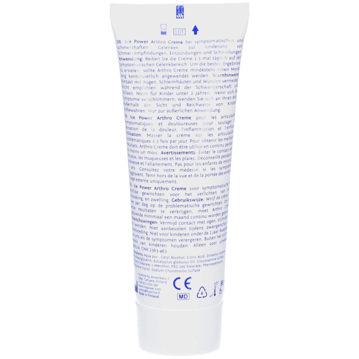 Rückseite einer weißen Tube. Text in mehreren Sprachen. CE-Kennzeichnung und MO-Zeichen.