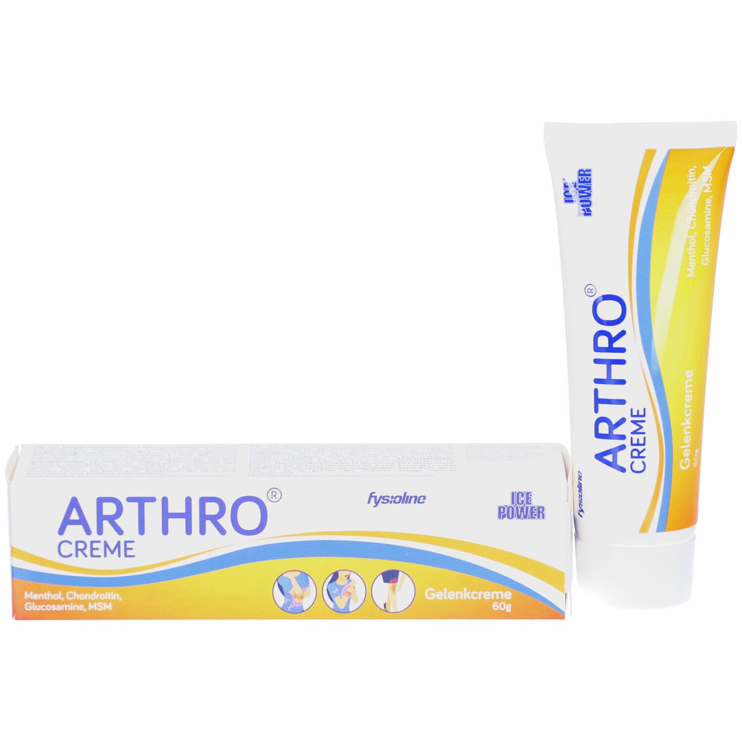 Produktverpackung und Tube. Verpackung mit ARTHRO® CREME-Schriftzug. Tube mit gelb-orangefarbenem Streifen.