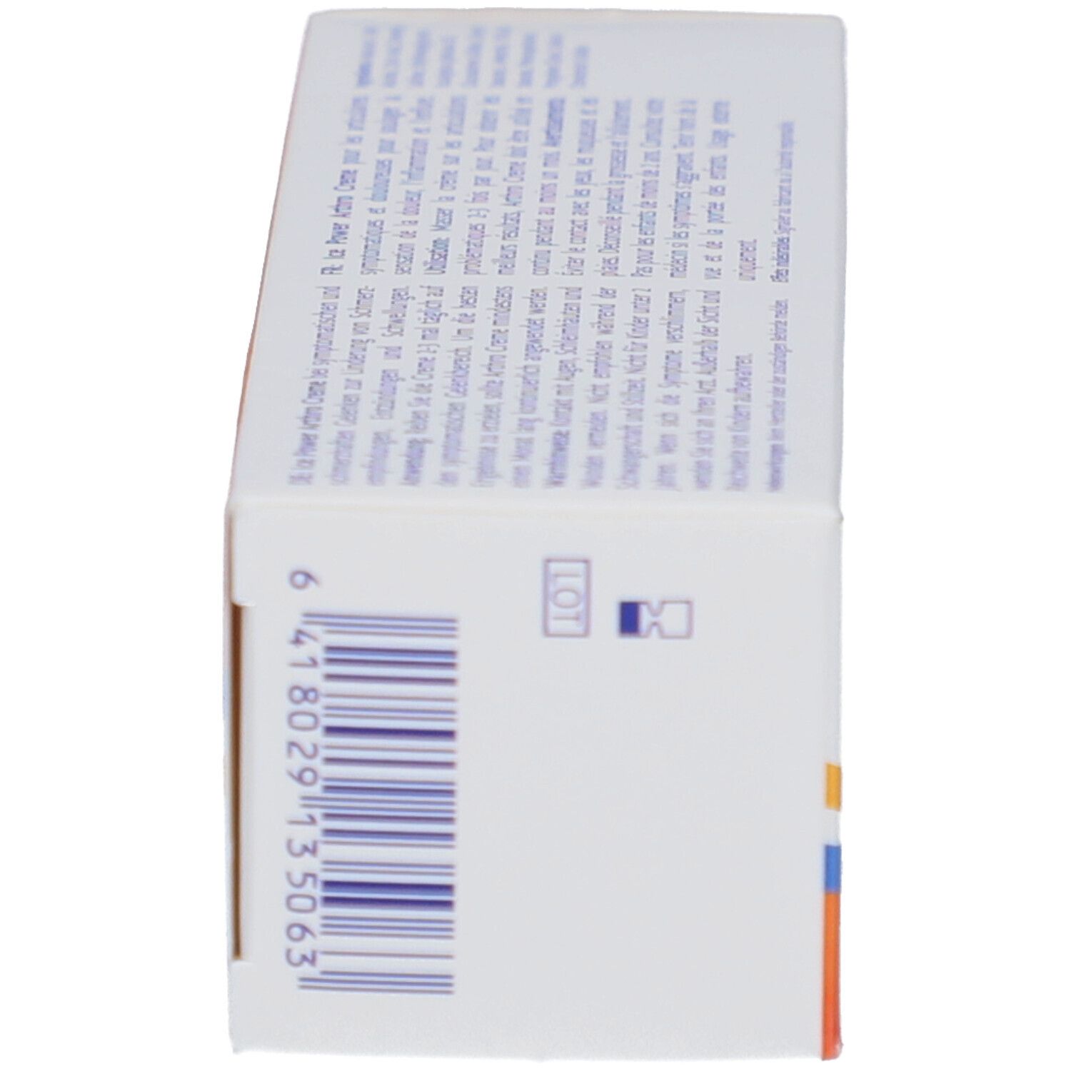 Seitenansicht der Produktverpackung. Barcode und Chargennummer. Orangefarbener Streifen.