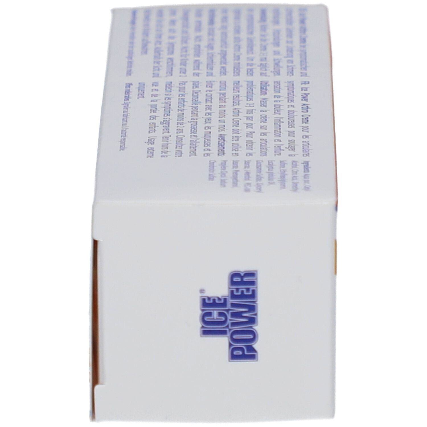 Seitenansicht der Produktverpackung. ICE POWER-Logo. Text in mehreren Sprachen.