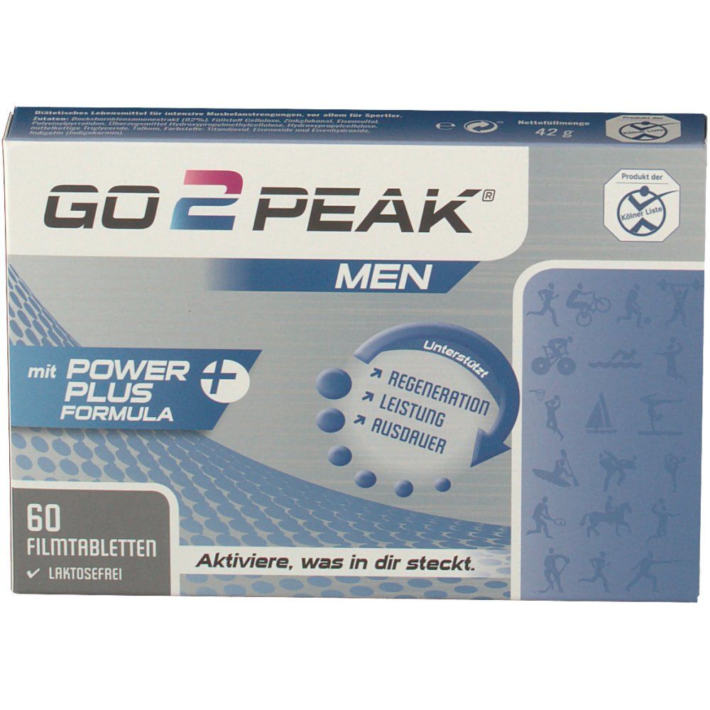 Verpackung von GO2PEAK® MEN. Enthält 60 Filmtabletten. Mit Power Plus Formula. Laktosefrei. Aktiviert, was in dir steckt.