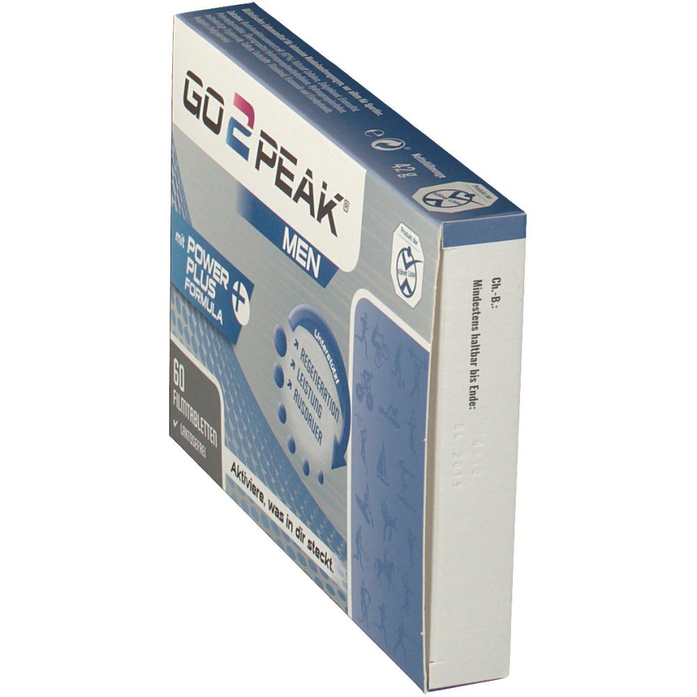 GO2PEAK® MEN-Verpackung, schräg. Mit Power Plus Formula. Enthält 60 Filmtabletten. Mindestens haltbar bis Ende.