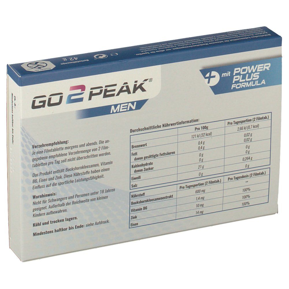 GO2PEAK® MEN-Verpackung. Rückseite mit Nährwertinformationen. Enthält 60 Filmtabletten. Mit Power Plus Formula. Laktosefrei.