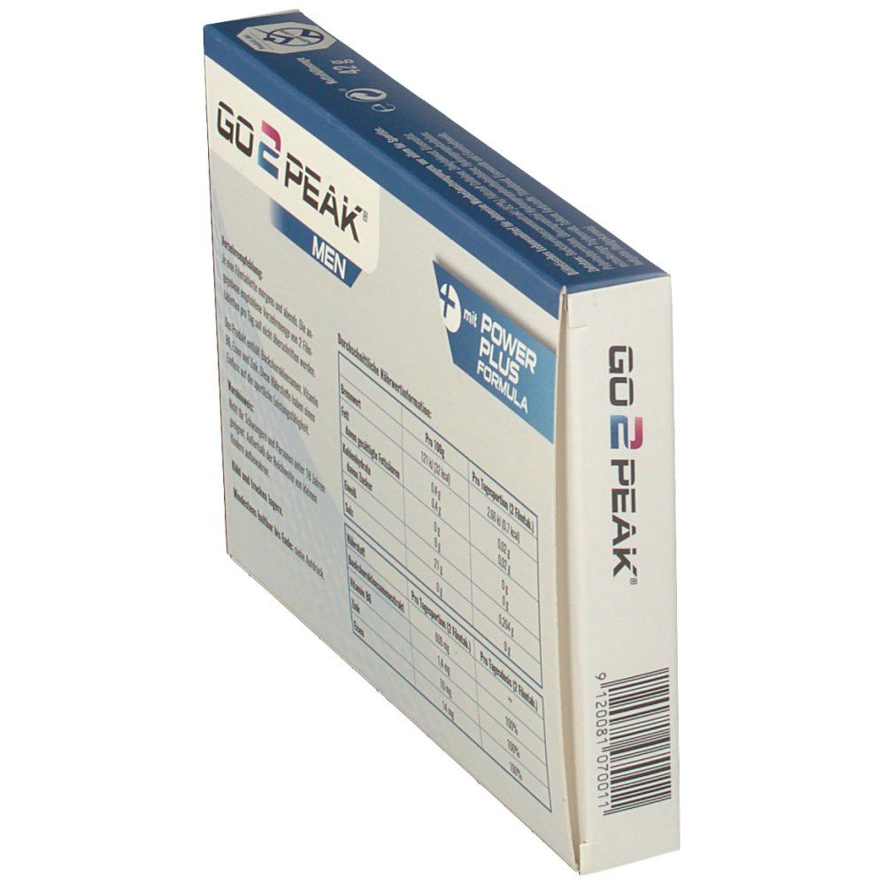GO2PEAK® MEN-Verpackung, schräg. Rückseite mit Nährwertinformationen. Mit Power Plus Formula. Barcode.