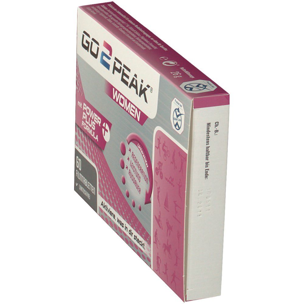 GO2PEAK® Women-Verpackung, Seitenansicht. Rosa und weiße Schachtel mit Produktinformationen und Logo.