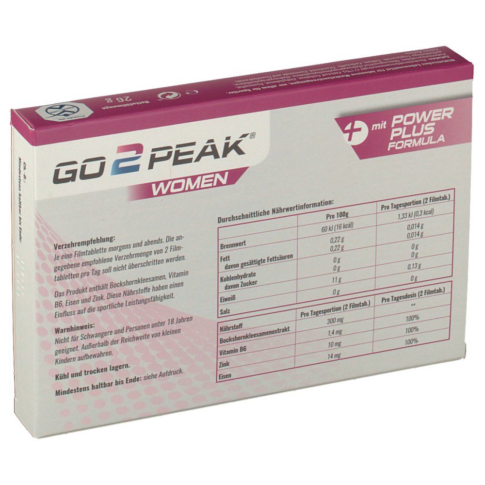 GO2PEAK® Women-Verpackung, Rückseite. Enthält Nährwertinformationen und Produktlogo.