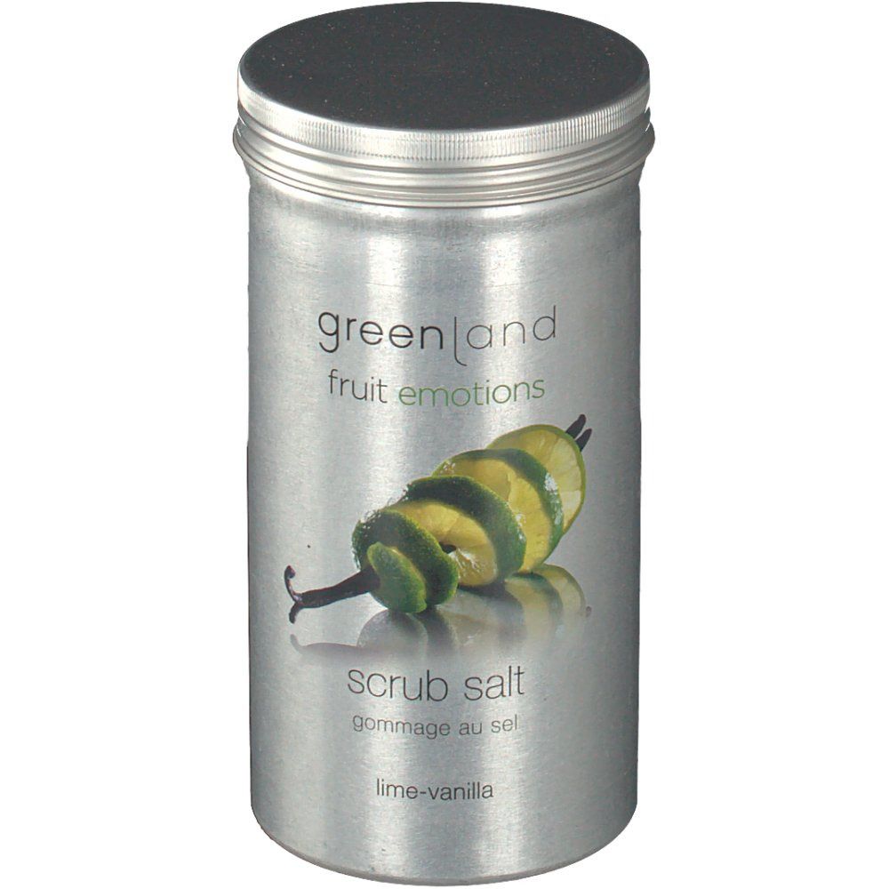 Zylindrische Dose mit Deckel. Aufschrift: greenland fruit emotions, scrub salt, lime-vanilla. Abbildung von Limettenscheiben.